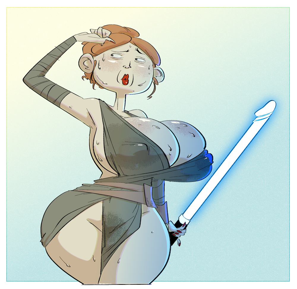 1girls armpits big_breasts breasts brown_hair cleavage female female_only hair_bun hourglass_figure huge_breasts human large_breasts leia_sodo les_kassos lightsaber nail_polish nipple_bulge nipples penis phallic_imagery rey_(cosplay) slb solo star_wars sweat sweatdrop sweaty sweaty_breasts wide_hips