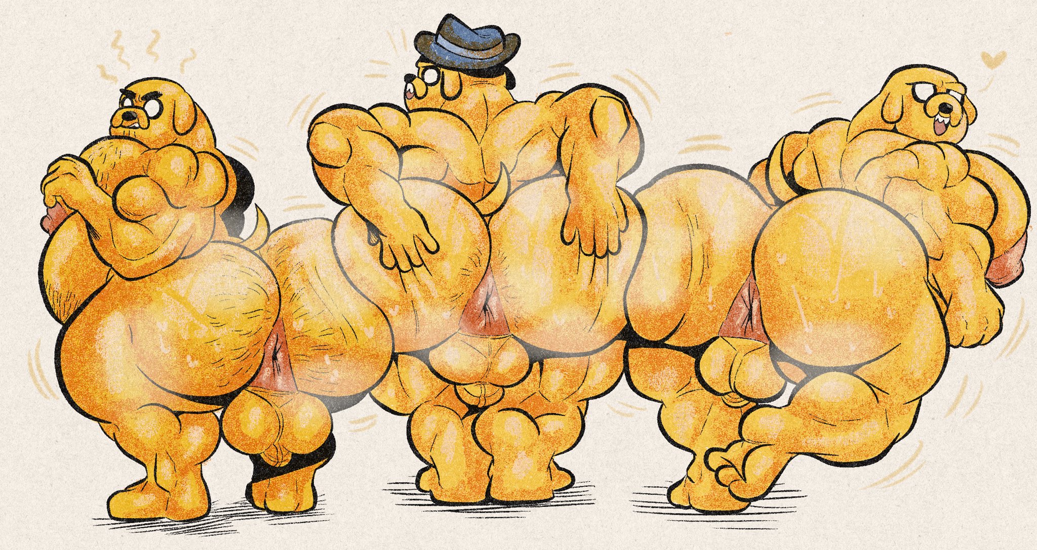 3boys, adventure time, anthro, anus, big ass, canid, canine, commission, furry, furryonline1, jake the dog, jermaine the dog, joshua the dog, male, presenting, presenting anus, presenting hindquarters