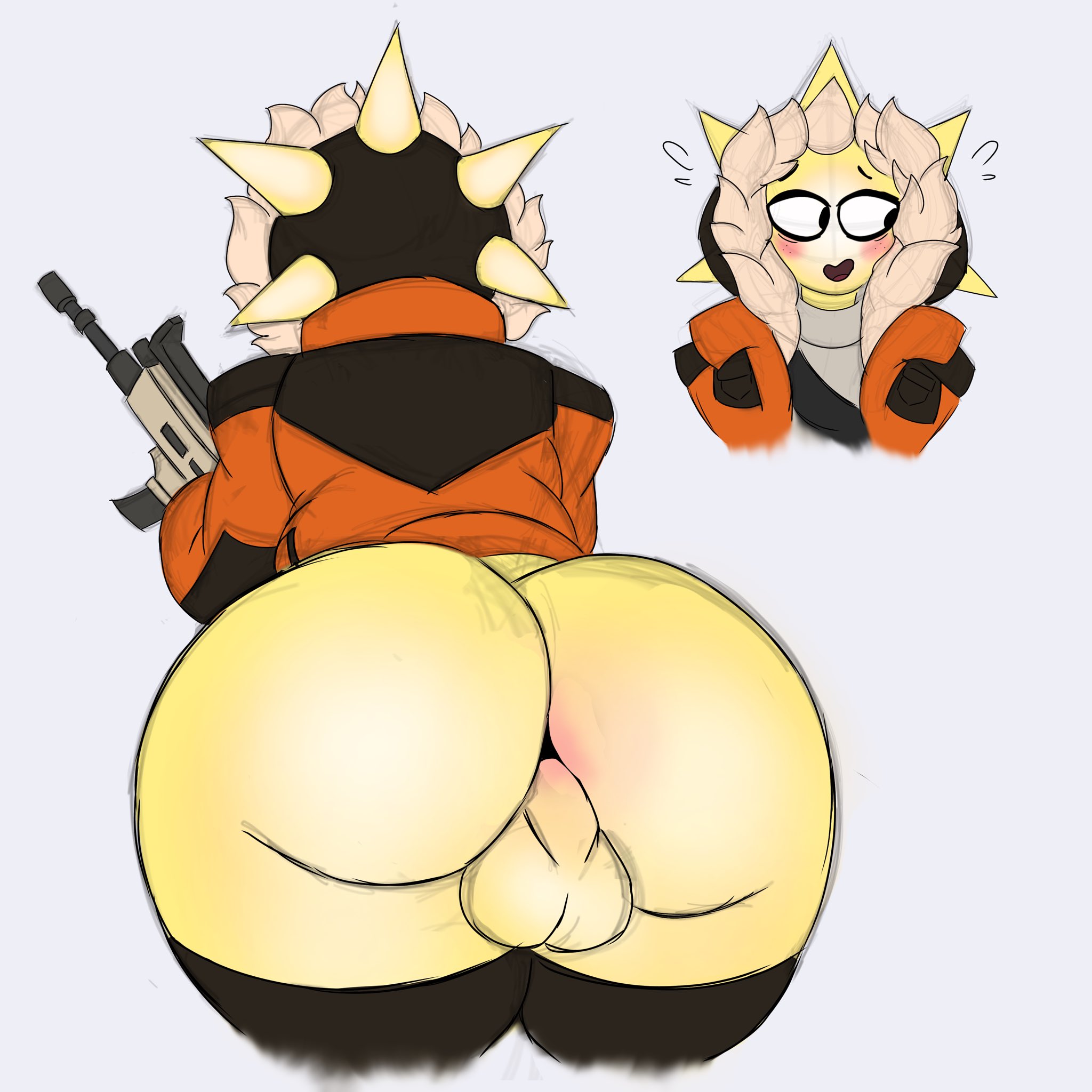 1boy, anus, ass focus, balls, big ass, blush, bubble butt, femboy, fortnite, fortnite: battle royale, genitals, gun, male, male focus, male only, pink anus, solo male, sun, sunspot (fortnite), tagme, thesushisensei, yellow skin