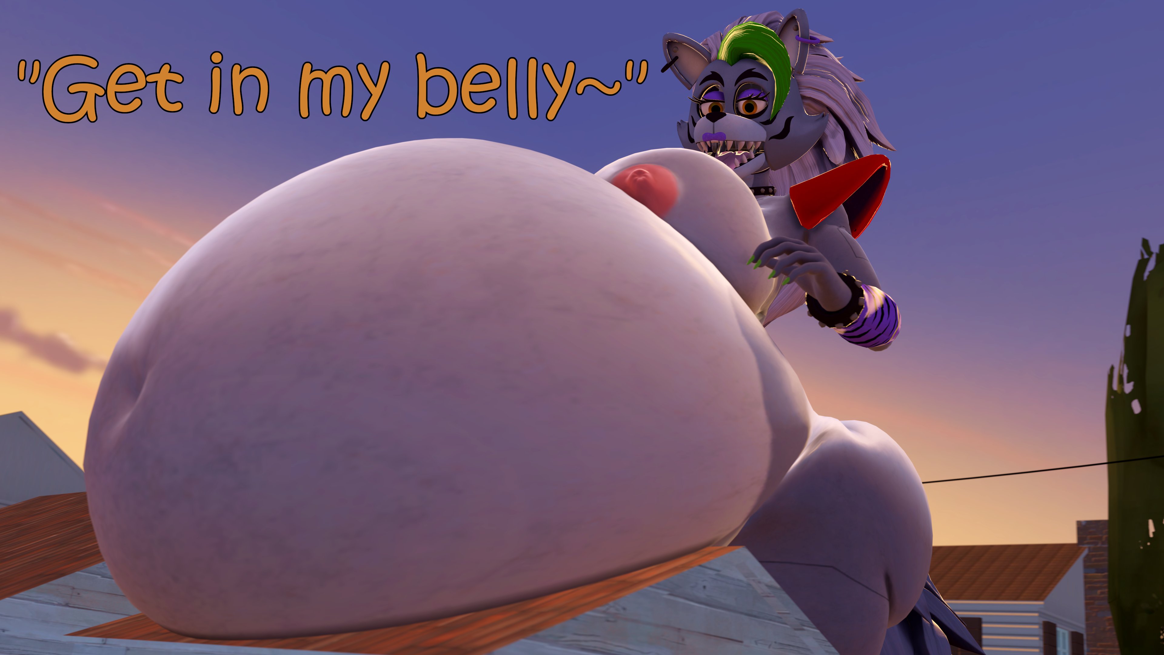 16:9, 2025, 3d, 4k, absurd res, animatronic, anthro, areola, belly, big belly, big breasts, breasts, canid, canine, canis, colored nails, coriponer, digital media (artwork), english text, eyebrows, female, five nights at freddy's, five nights at freddy's: security breach, green hair, green nails, grey hair, hi res, huge belly, huge breasts, hyper, hyper belly, implied vore, machine, macro, macro anthro, macro female, mammal, nails, nipples, open mouth, pink areola, pink nipples, robot, roxanne wolf (fnaf), scottgames, shoulder pads, solo, source filmmaker (artwork), steel wool studios, teeth, text, vore, widescreen, wolf