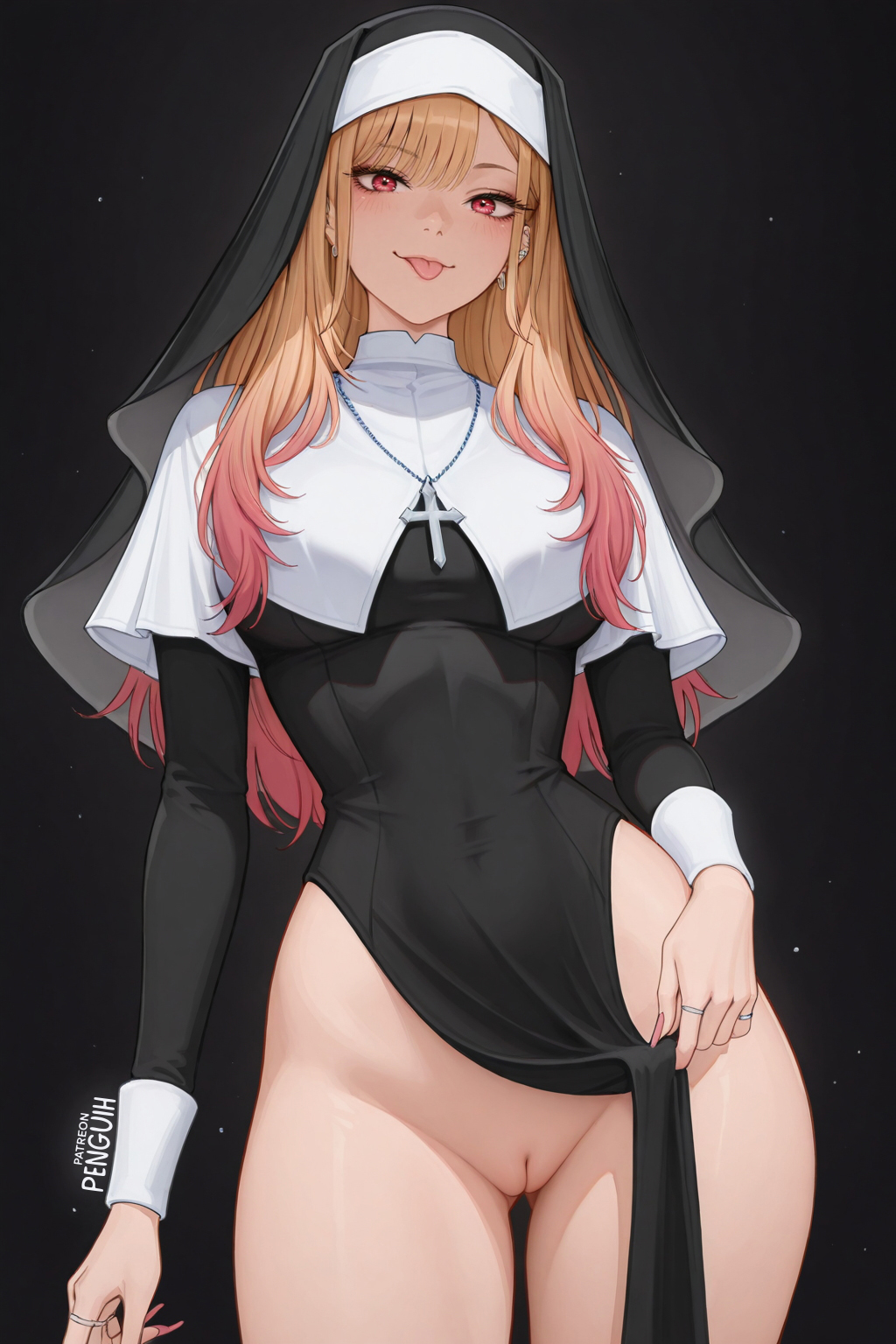 1girls, ai generated, bare hips, black background, blonde hair, blush, breasts, cross necklace, earrings, exposed pussy, female, gradient hair, kitagawa marin, light-skinned female, loincloth aside, long hair, looking at viewer, marin kitagawa, medium breasts, multicolored hair, narrow waist, no panties, nun, patreon username, penguih, pulled by self, pussy, red eyes, smirk, solo, sono bisque doll wa koi wo suru, standing, tongue out, veil, wide hips