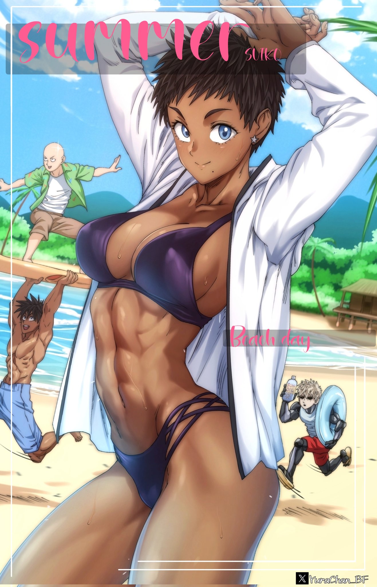 1girls, 3boys, abs, bare arms, bare legs, bare shoulders, bare thighs, beach, big breasts, bikini, bikini bottom, bikini top, blue eyes, breasts, brown hair, color, dark skin, dark-skinned female, fat breasts, female, fit female, genos, hi res, large breasts, looking at viewer, male, male/female, murata yuusuke, muscles, muscular, muscular female, muscular male, one-punch man, saitama, sand, sea, short hair, six pack, suiko (one-punch man), suiryu, tagme, thick thighs, water, yurachan bf