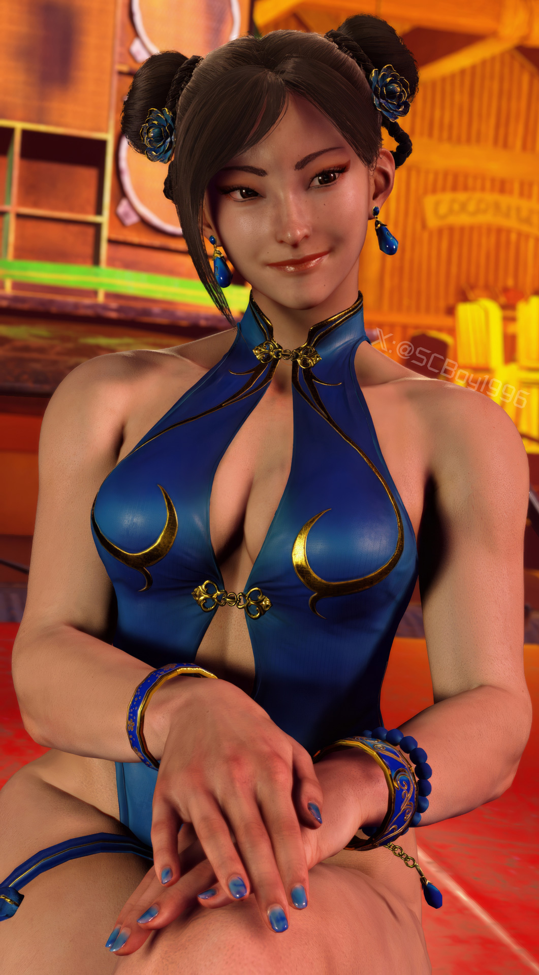 1girls, 3d, beach, breasts, capcom, chun-li, chun-li (street fighter 6), female, female only, game screenshot, hair bun, large breasts, official alternate costume, screenshotboy96, sitting, solo, solo female, street fighter, street fighter 6, swimsuit, tagme, twitter username