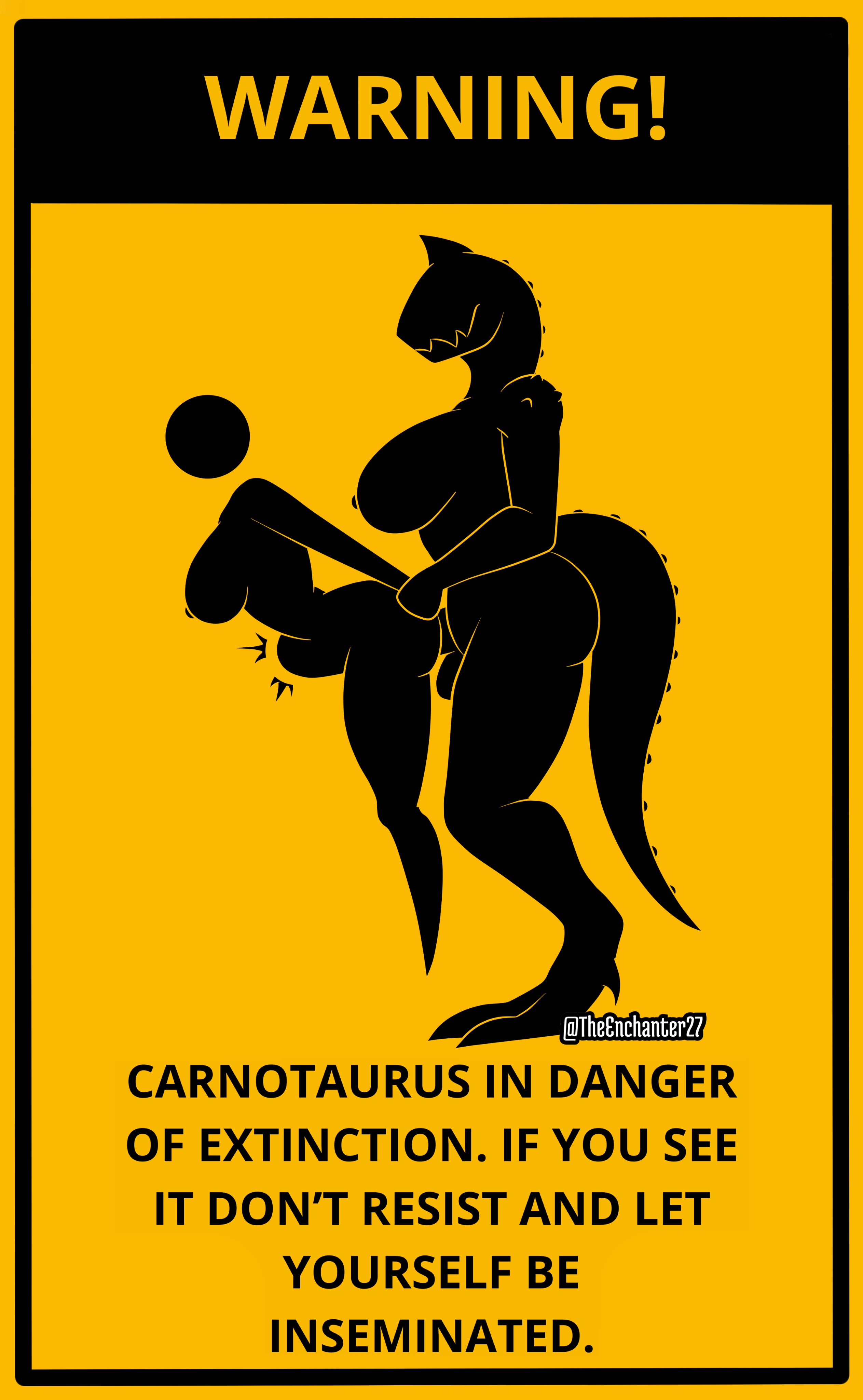 1futa, 1girls, anthro, carnotaurus, dinosaur, dinosaur girl, female, futa on female, futanari, intersex, pictogram, the enchanter 27, warning sign, warning sign person