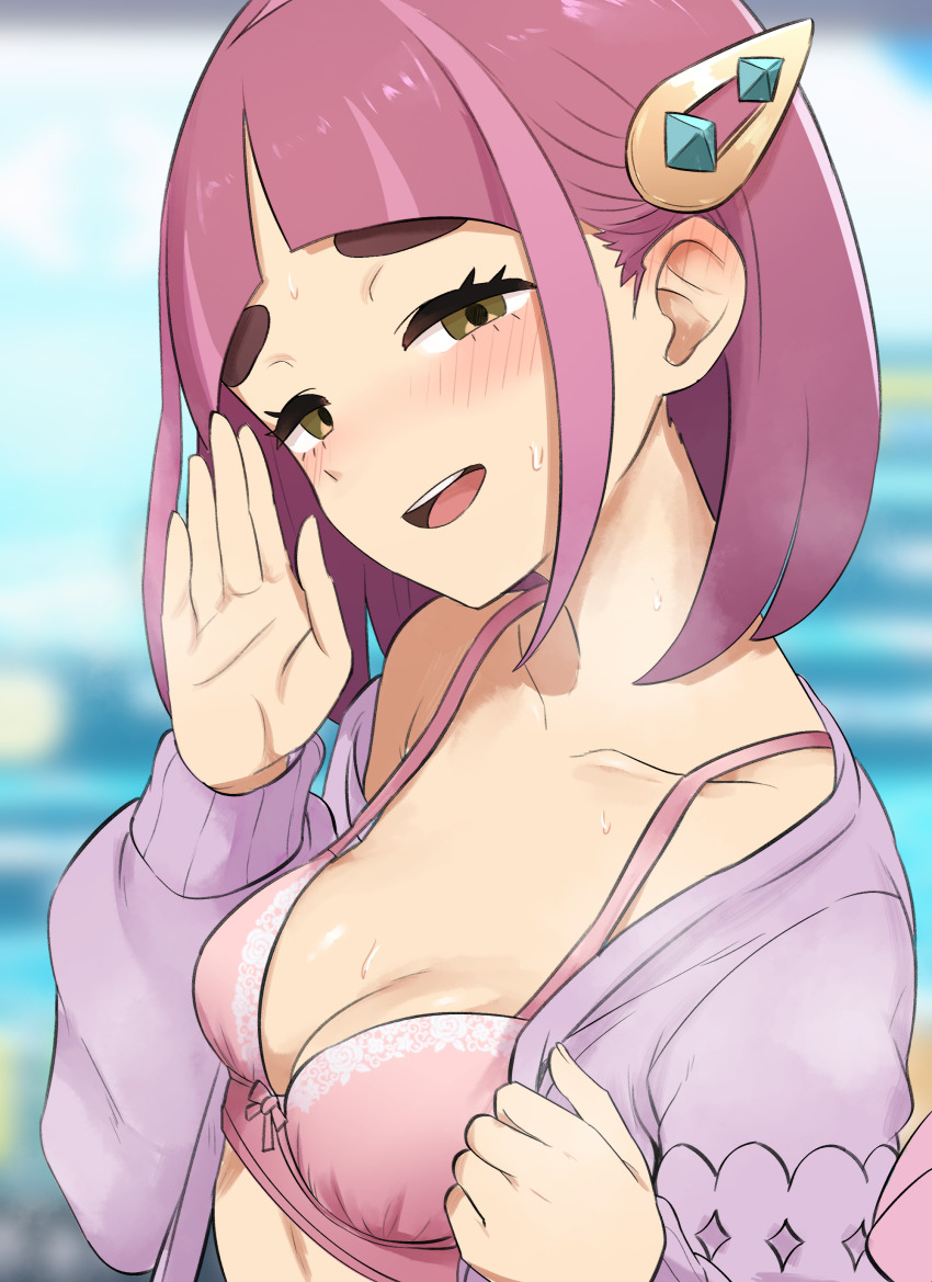 blush, breasts, brown eyes, female, game freak, i b (yaun2242), lacey (pokemon), nintendo, open mouth, pink bra, pink hair, pokemon, pokemon sv, pokemon sv indigo disk, small breasts, solo, taro (pokemon)
