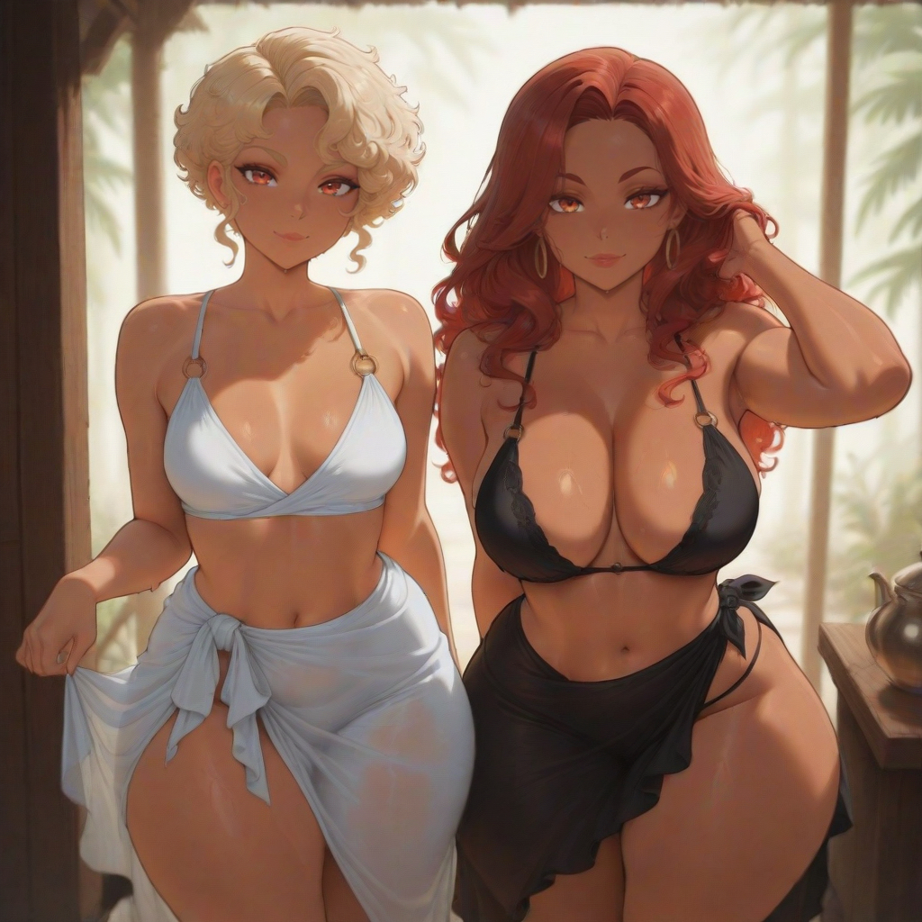 ai generated, beach, big breasts, bigbizarts, blonde female, breasts, brown skinned female, curvaceous, female, female/female, looking at viewer, mature female, milfs, original character, redhead female, sarong, thick thighs, voluptuous female