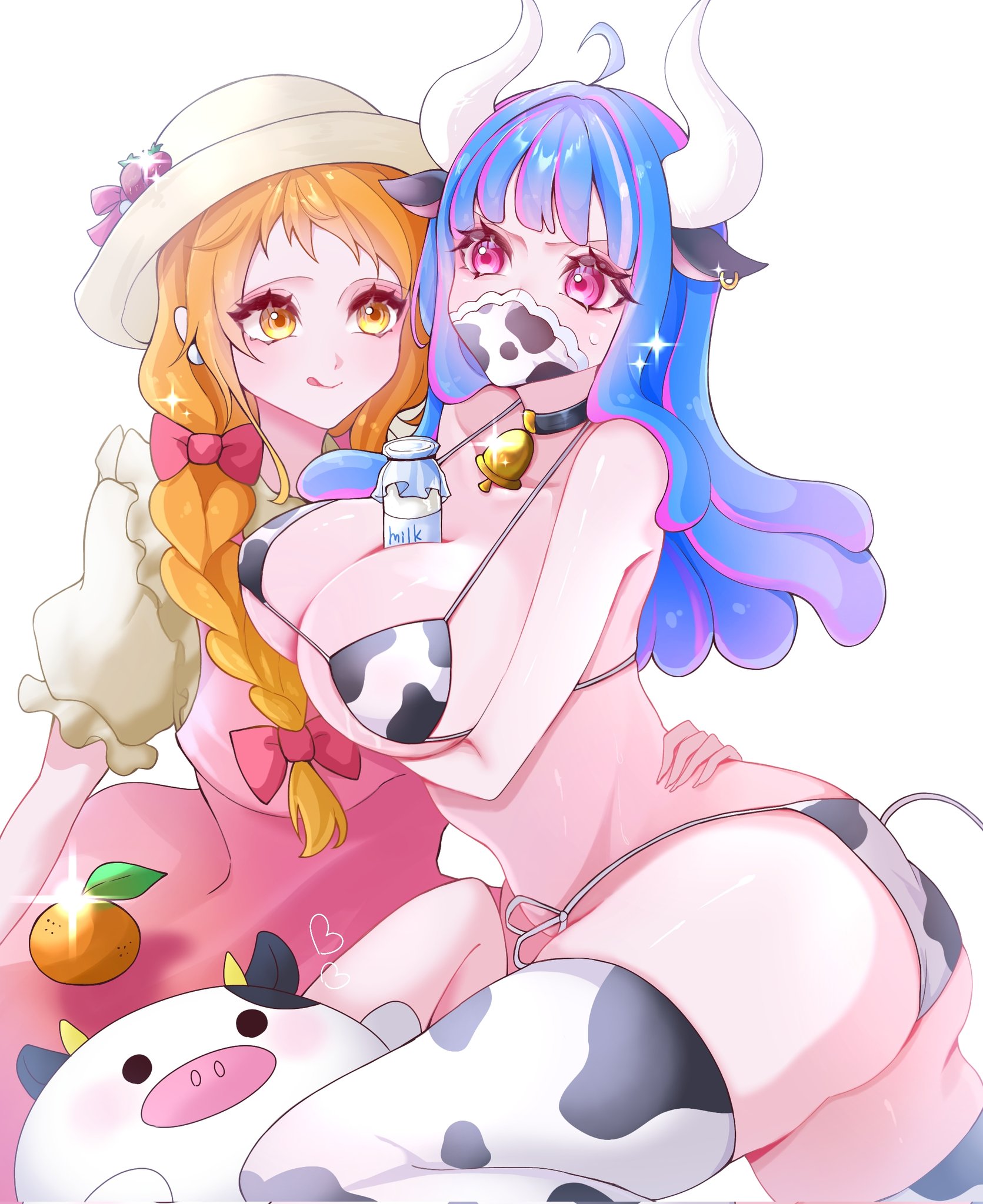 2d, 2girls, akasama00215, bare arms, bare legs, bare shoulders, bare thighs, big breasts, bikini, bikini bottom, bikini top, blue hair, blue-haired female, blush, breasts, clothed, clothing, collar, color, cow bell, cow bikini, cow girl, cow print, cowprint, digital media (artwork), female, female focus, female only, hi res, horns, large breasts, light skin, light-skinned female, long hair, looking at viewer, mask, milk bottle, multicolored hair, nami (one piece), one piece, orange eyes, orange hair, orange-haired female, pink eyes, shounen jump, stockings, tagme, thick thighs, ulti (one piece), white background