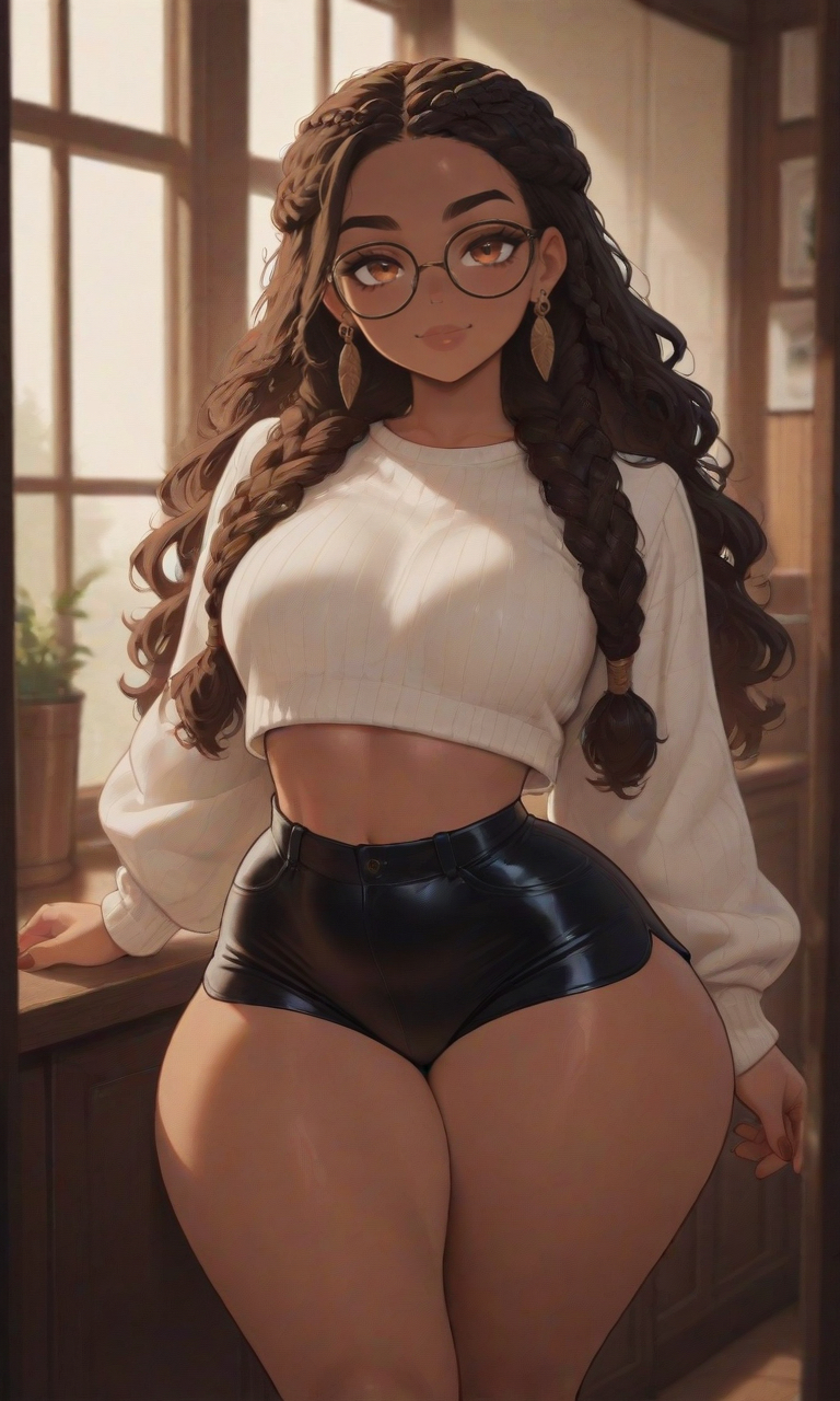 1girls, african female, ai generated, bigbizarts, booty shorts, braids, breasts, curly hair, curvaceous, dark-skinned female, earrings, female, female only, glasses, long hair, medium breasts, original character, smiling at viewer, solo, sweater, thick thighs