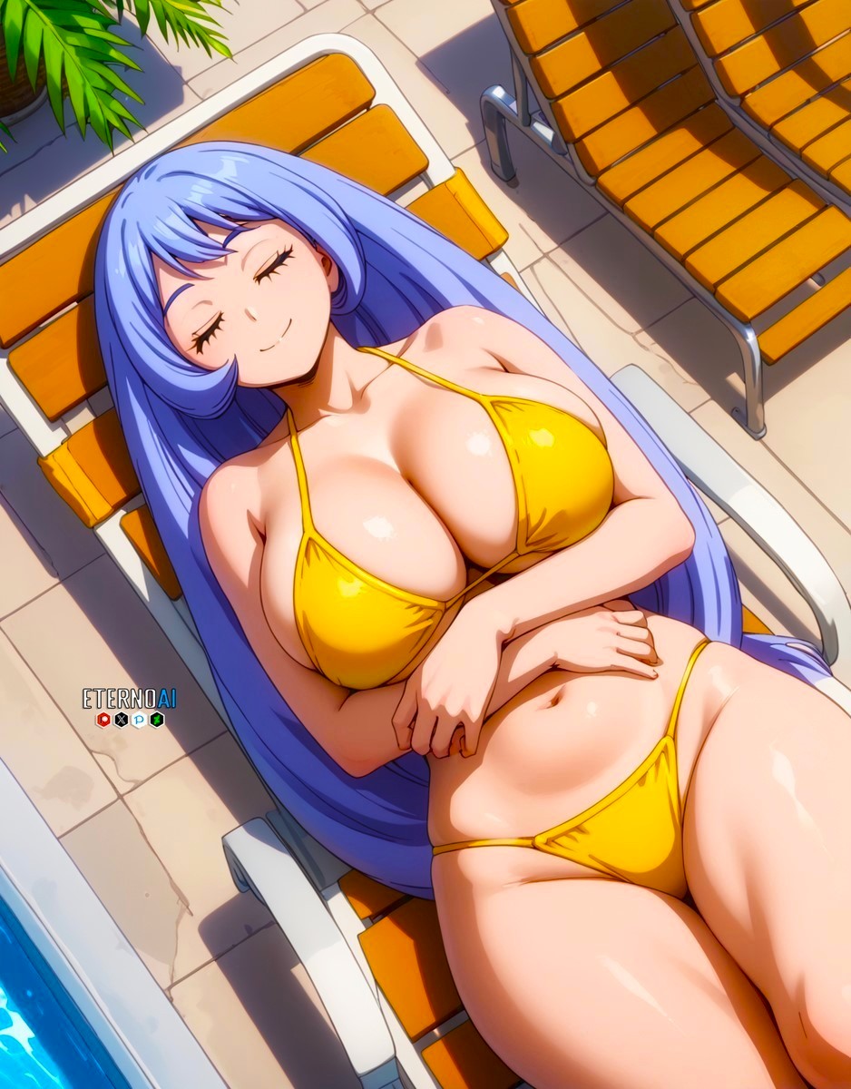1girls, ai generated, anime, anime girl, anime style, asleep, beautiful females, belly button, big breasts, blue hair, blue-haired female, breasts, busty female, chair, closed eyes, curvy female, daytime, eternoai, fantasy, female, female only, heroine, high school, high school student, hot, huge breasts, human, large breasts, my hero academia, nejire hado, poolside, sleeping, solo, summer, sunbathing, superheroine, swimsuit, thick thighs, voluptuous female, yellow bikini