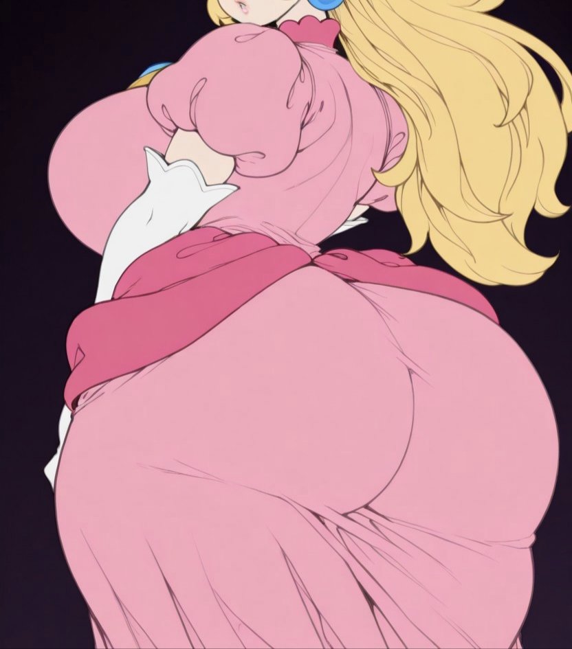ai, ai art, ai assisted, ai generated, ass, ass focus, big, blonde hair, breasts, civitai, female, flat color, flat colors, from behind, huge breasts, looking at viewer, looking back, princess peach, style, super mario, tubbai