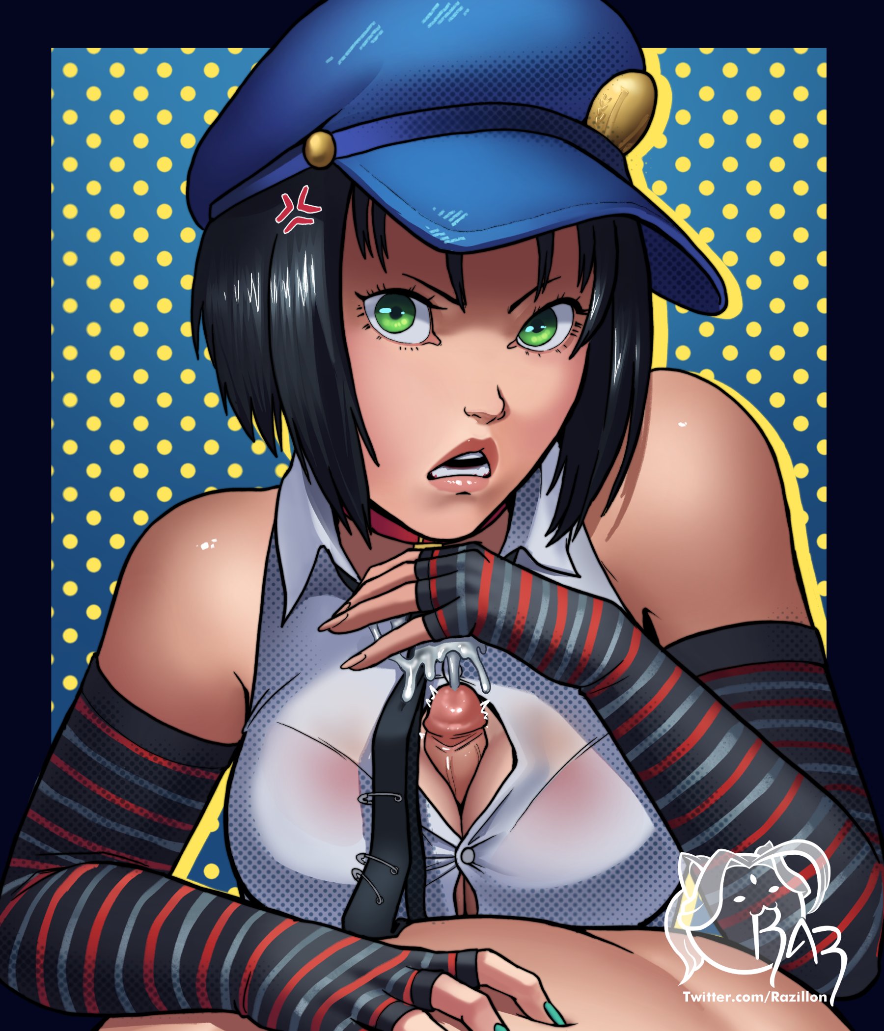 1boy, 1girls, anger vein, angry face, artist logo, atlus, black hair, breasts, cum, cum on hand, ejaculation, female, female focus, green eyes, hat, hi res, looking at viewer, male, male pov, marie (persona 4), paizuri, paizuri under clothes, partial male, penis, persona, persona 4, persona 4 the golden, pov, pov eye contact, razillon, titjob