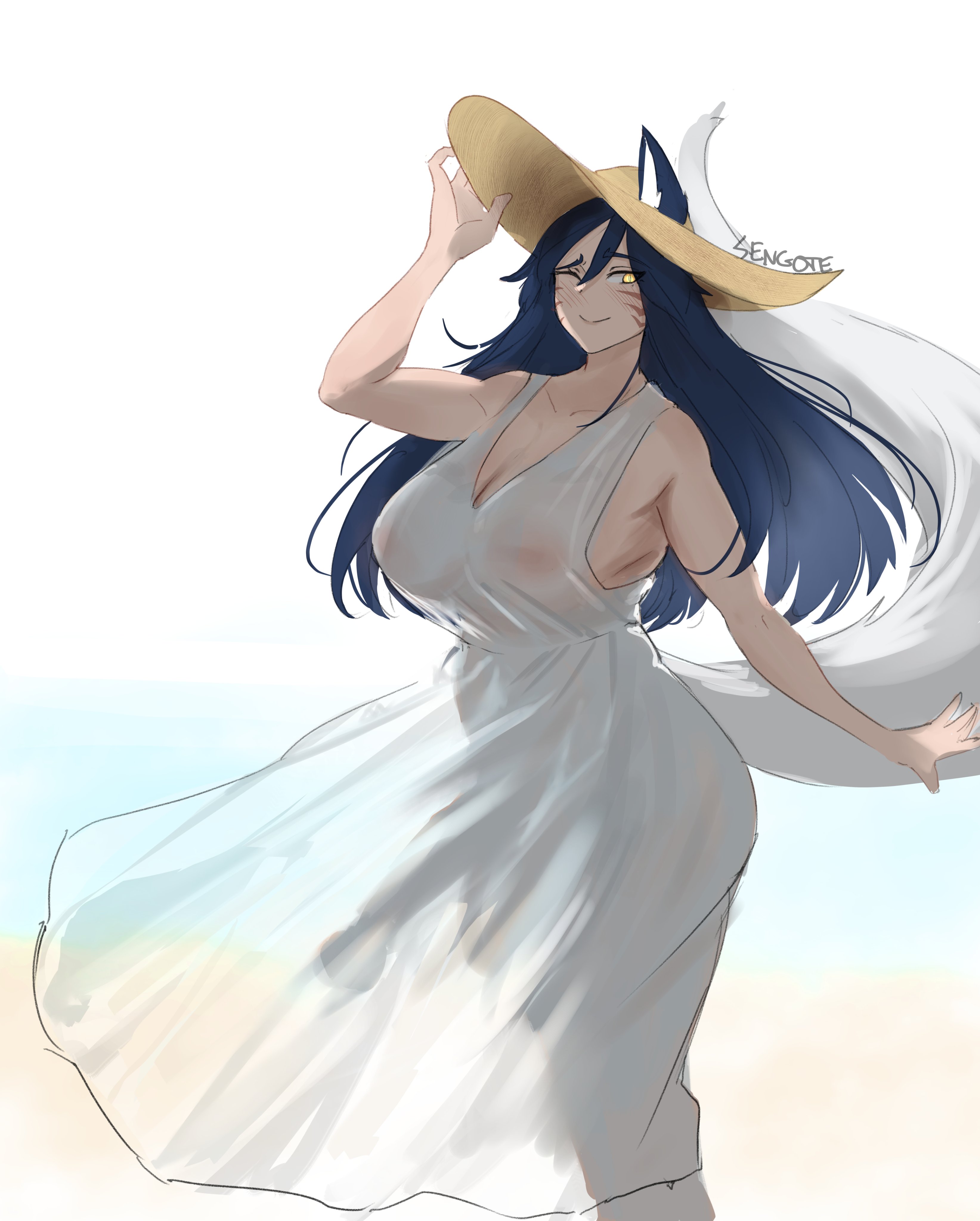 1futa, ahri, ahri (league of legends), animal genitalia, dress, futanari, intersex, league of legends, sengote, sun hat