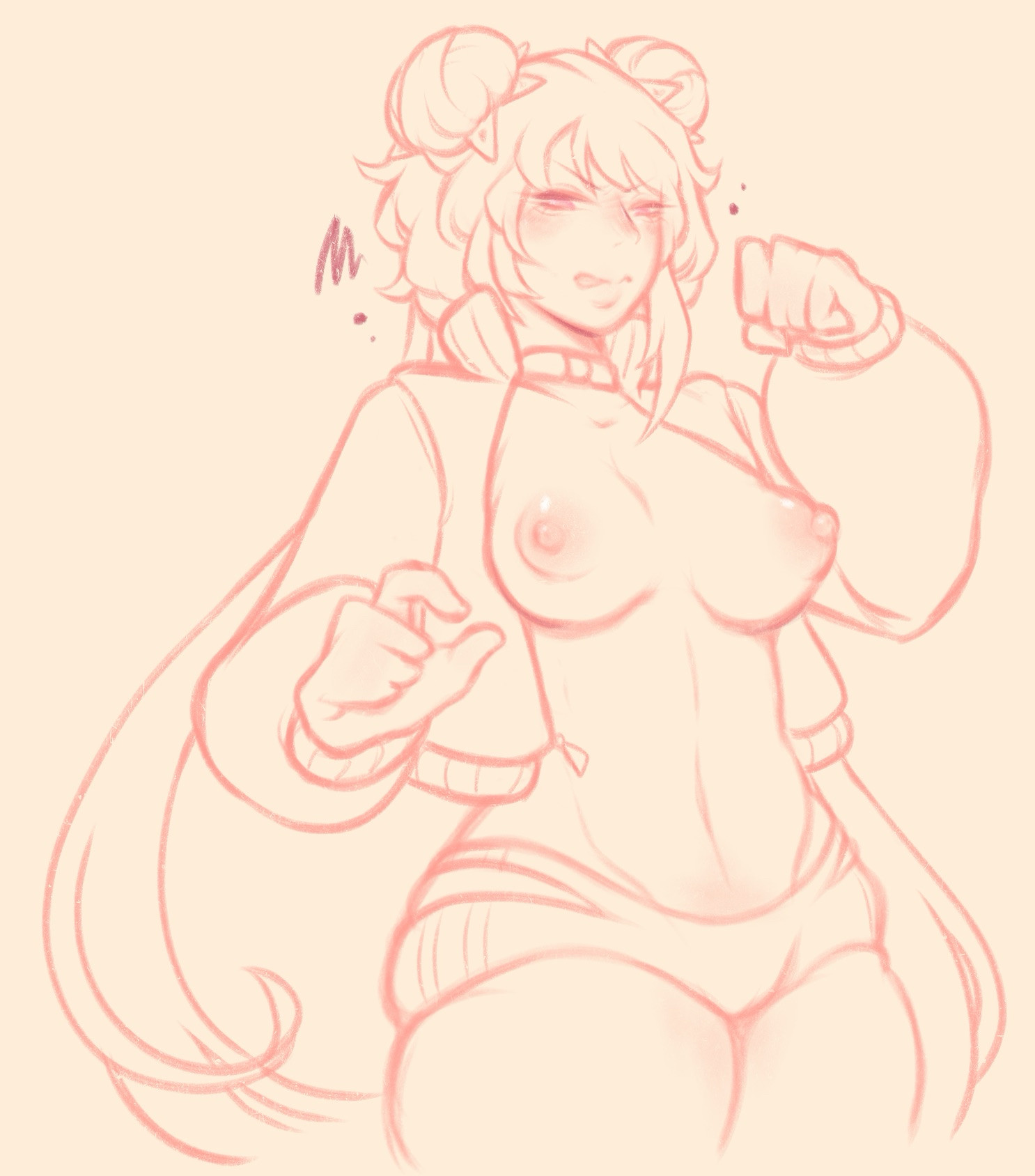 bitepilled, braless, breasts, choker, clothes swap, exposed breasts, exposed midriff, female, female only, frown, frowning, frowning at viewer, hairbun, hairbuns, jacket, jia xichun (limbus company), limbus company, midriff, monochrome, open jacket, perky breasts, pink eyes, ponytail, project moon, short shorts, shorts, small breasts, solo female, thighs, wearing others clothes