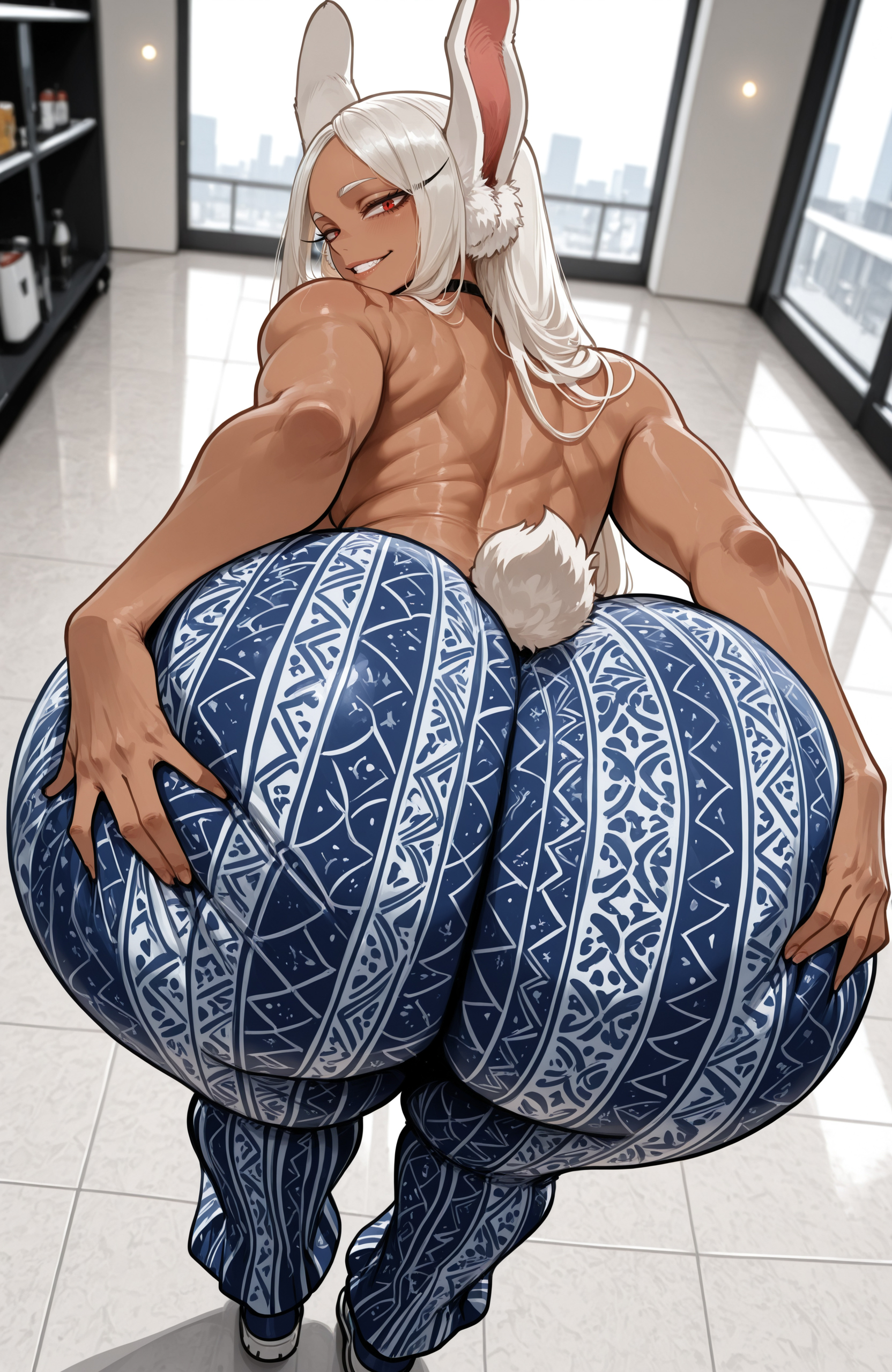 1girls, ai generated, ass, ass focus, ass grab, big ass, big breasts, big butt, big thighs, boku no hero academia, cute, dark-skinned female, female, female only, flare pants, forbidden pants, huge ass, huge breasts, huge butt, miruko, miyuai, my hero academia, rabbit ears, red eyes, rumi usagiyama, solo, spreading own ass, thick ass, thick butt, thick thighs, white hair