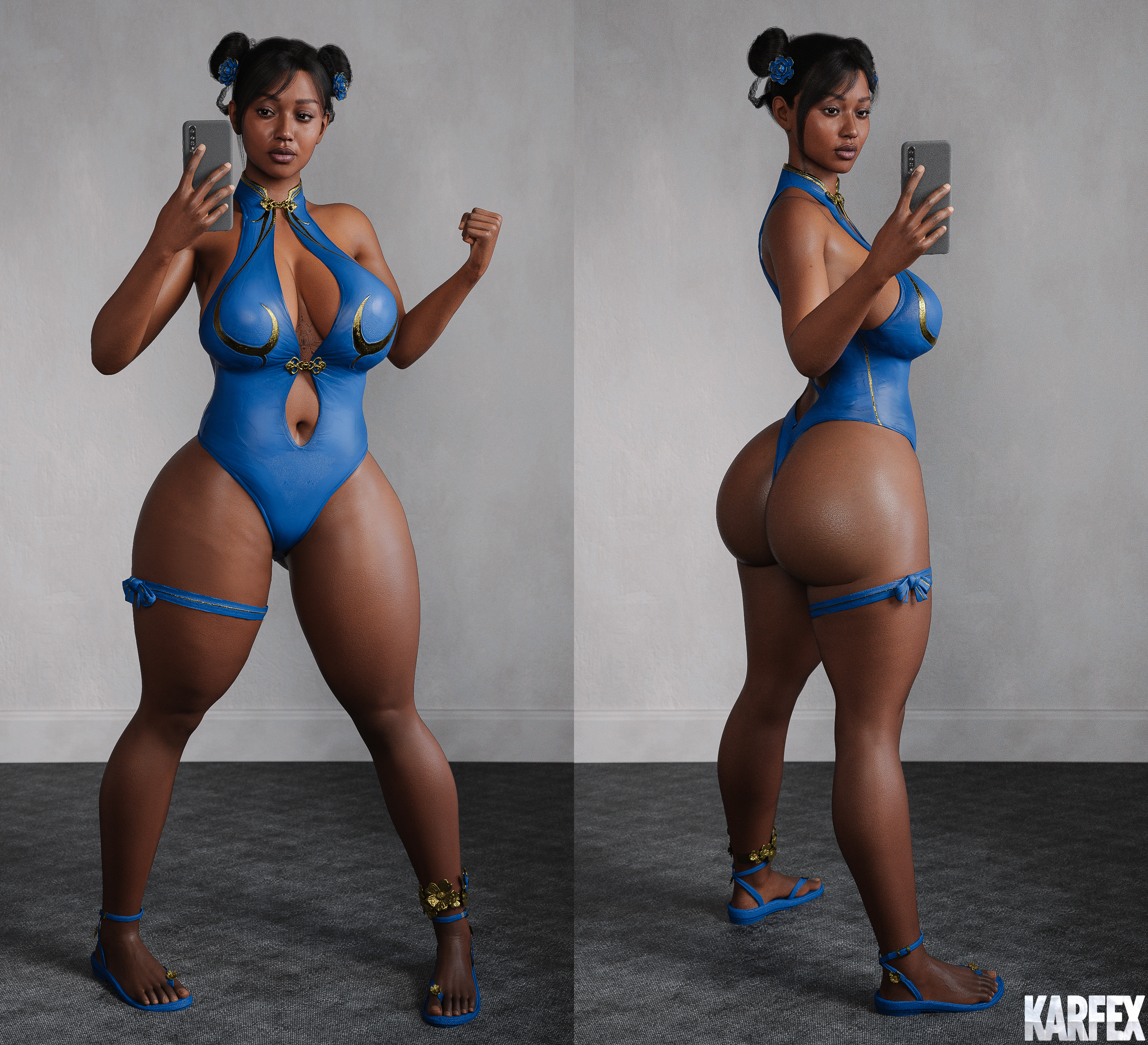 1girls, 3d, big ass, big breasts, big butt, breasts, bubble ass, bubble butt, chun-li (cosplay), clothing, cosplay, curvaceous, curvy, curvy figure, dark skin, dark-skinned female, fat ass, female, jasmine (karfex), karfex, original character, rear view, sandals, solo, street fighter, thick, thick ass, thick legs, thick thighs, thighs, toes