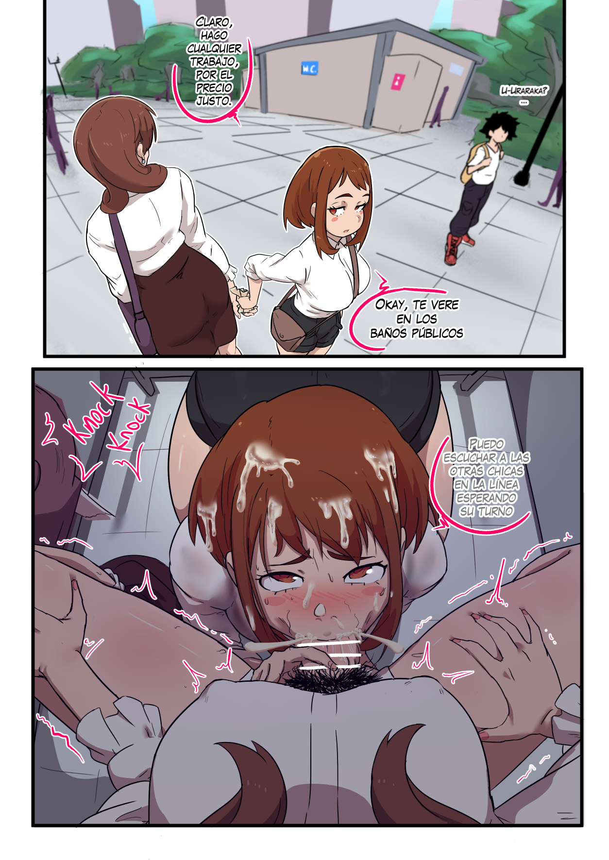 :>=, 1boy, 1futa, 1girls, 2022, 2koma, all fours, alternate version available, ass in dress, bathroom, bathroom sex, bathroom stall, big breasts, big penis, blowjob, blowjob face, bottomless, breasts, brown hair, censored, cheating, clothed, clothing, comic, cucked by futa, cuckold, cum, cum in mouth, cum on face, cum on hair, dialogue, duo focus, erection, faceless, faceless character, faceless futa, facial, fellatio, female, female focus, fully clothed, futa on female, futa pov, futanari, high-angle view, human, instant loss, instant loss 2koma, intersex, izuku midoriya, light skin, light-skinned female, light-skinned futa, male, mature futa, my hero academia, netorare, ntr, ochako uraraka, older futa, oral, partially clothed, penis, pov, pov eye contact, prostitution, pubic hair, public bathroom, sex, sitting, spanish, spanish dialogue, spanish text, stray pubic hair, teenager, text, ukaya masaru mx, younger female