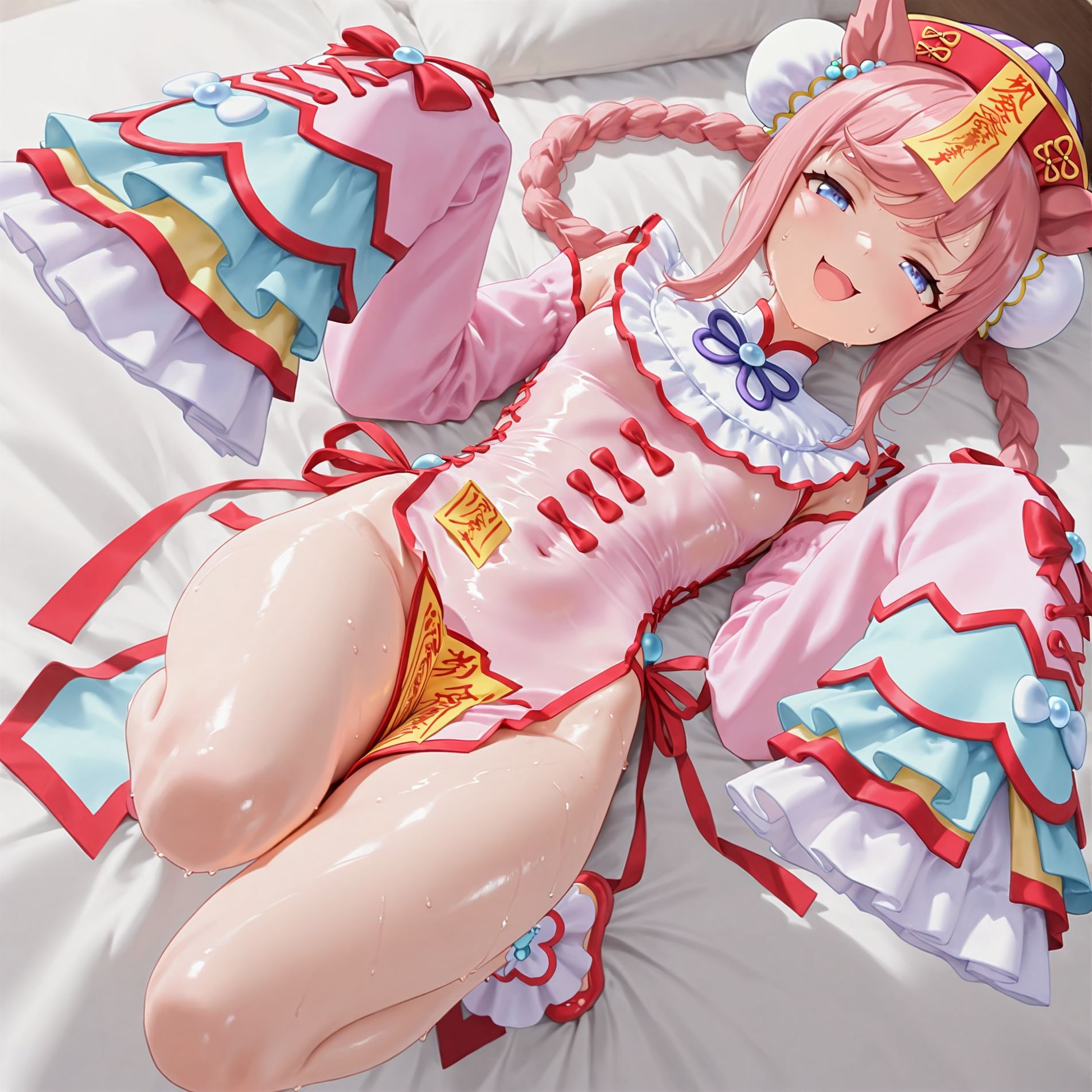 agnes digital (umamusume), ai generated, animal ears, bed, blue eyes, female, horse girl, long hair, pink hair, red ribbon in hair, shiny skin, solo, solo female, thighs, umamusume, umamusume pretty derby