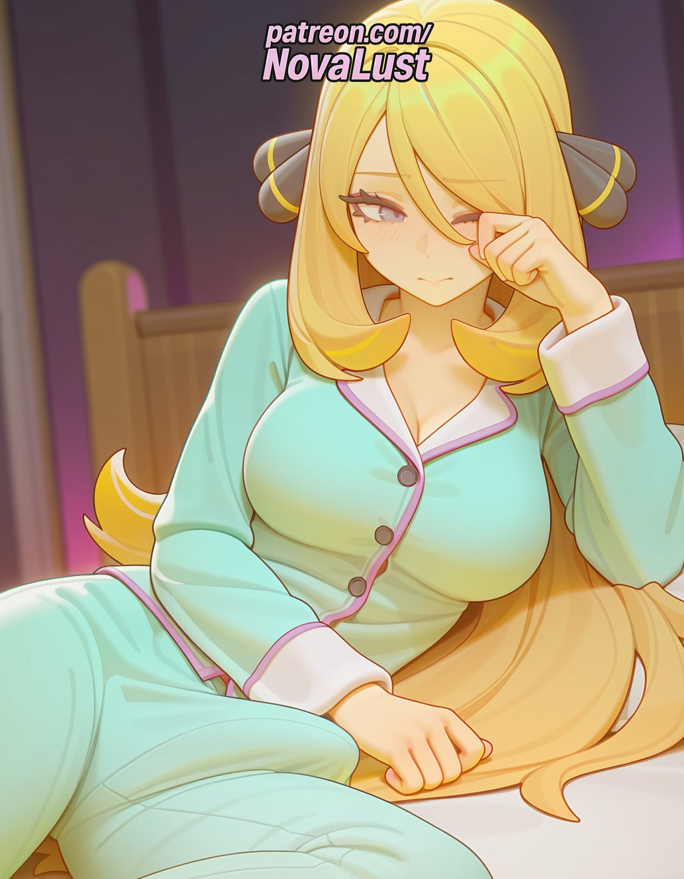 1futa, 2025, ai generated, artist name, bed, blonde hair, breasts, bust, chest, cynthia (pokemon), futanari, hair ornament, hi res, high quality, high resolution, highres, intersex, long hair, lying, nintendo, novalust, pajamas, patreon, patreon username, pokemon, stable diffusion, watermark