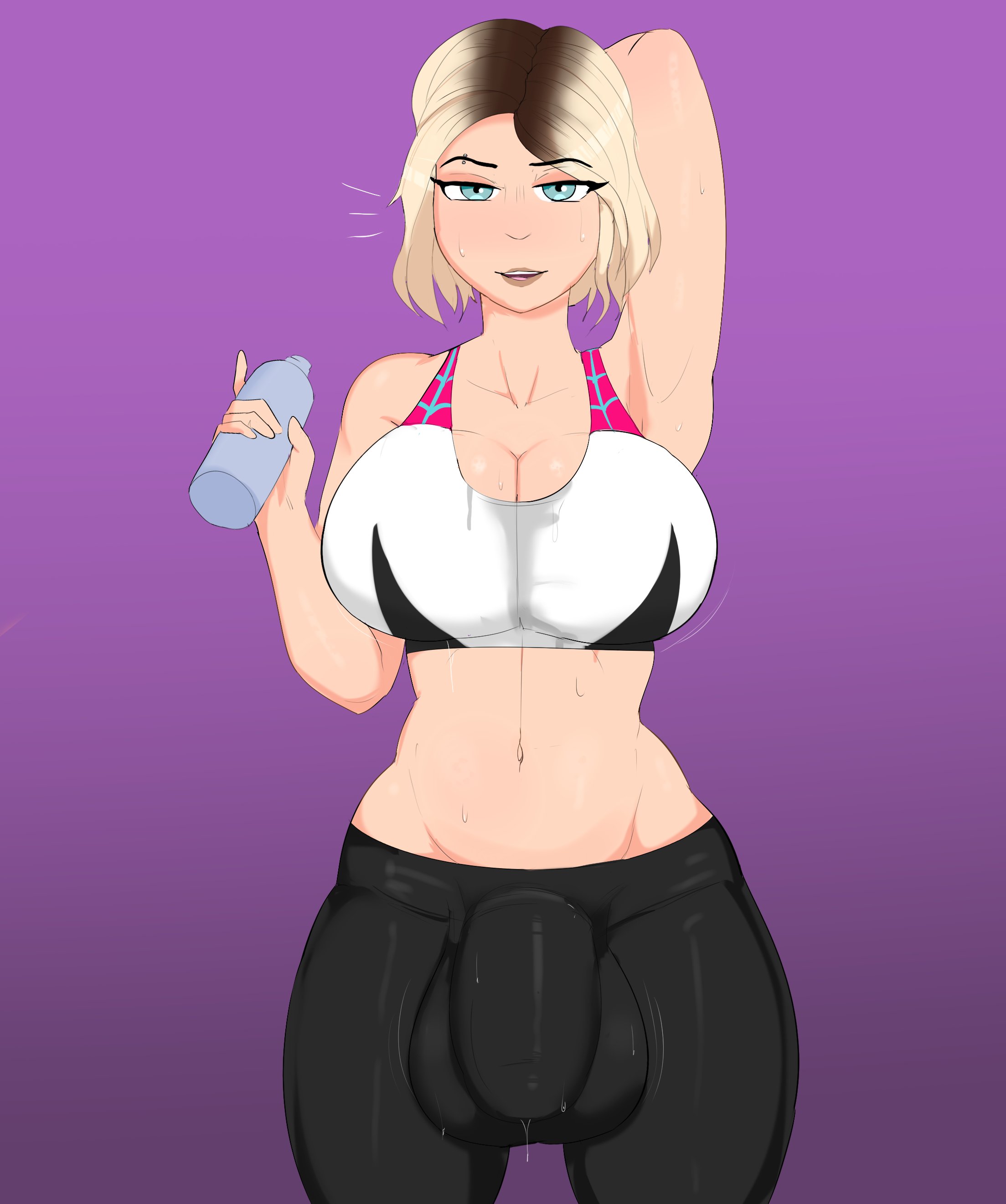1futa, balls, big balls, big breasts, big penis, breasts, bulge, cleavage, clothed, clothing (clothes), fully clothed, futa only, futanari, g3mma, genitalwear, gwen stacy, human, intersex, large breasts, light skin, looking at viewer, marvel, marvel comics, pale skin, penis, solo, spider-gwen, spider-man (series), spider-man: into the spider-verse, standing, sweat, testicles