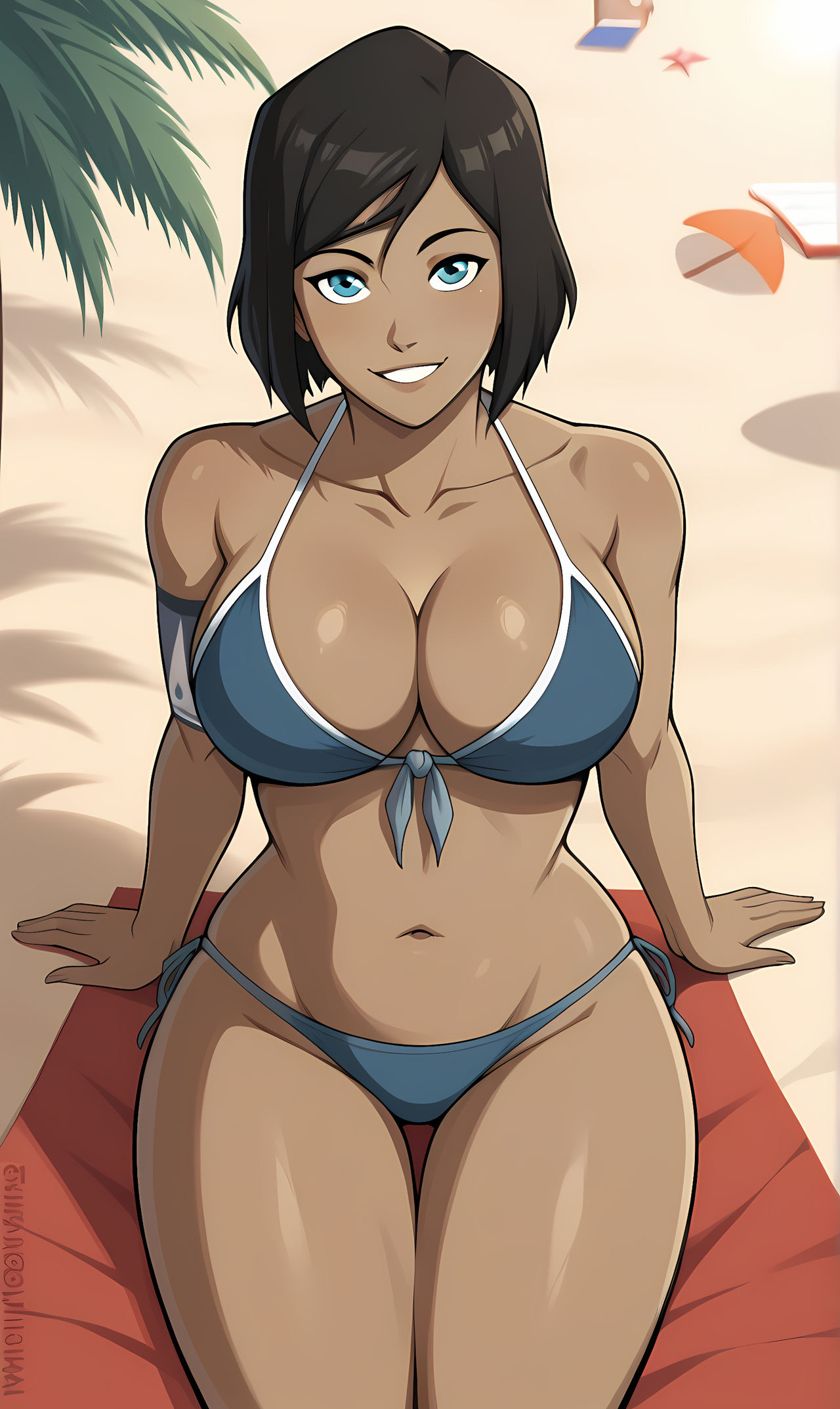 ai generated, arm support, armband, avatar the last airbender, bare shoulders, beach, beach mat, beach towel, bikini, black hair, blue bikini, blue eyes, blue swimsuit, bonnieaiart, breasts, brown hair, cleavage, clothing, collarbone, dark skin, dark-skinned female, day, female, front-tie bikini top, front-tie top, grin, korra, large breasts, looking at viewer, navel, ocean, outdoors, palm leaf, palm tree, sand, short hair, side-tie bikini bottom, sitting, smile, solo, solo focus, starfish, stomach, swept bangs, swimsuit, the legend of korra, thigh gap, thighs, towel, water, western cartoon