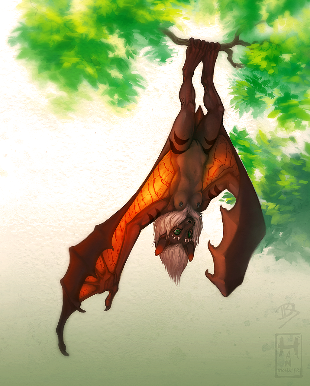 anthro breasts chiropteran day female green_eyes hair hanmonster leaf mammal membranous_wings navel neck_tuft nipple_piercing nipples nude outside piercing prehensile_feet pteropodid pussy solo tree_branch tuft upside-down whiskers white_hair wings