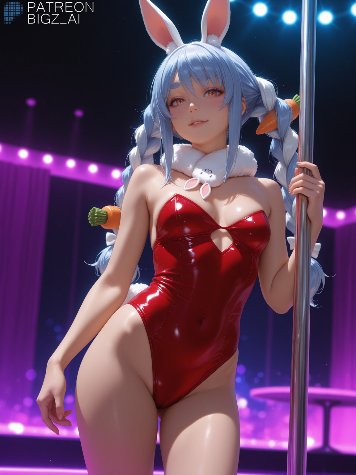 1girls, absurd res, ai generated, artist name, belly, bigz ai, blue hair, braid, breasts, bunny ears, bunny girl, bunnysuit, carrot, curvy, curvy figure, female, female only, highres, hololive, hololive fantasy, hololive japan, latex, light skin, light-skinned female, long hair, looking at viewer, medium breasts, small breasts, smile, strip club, striptease, twin braids, usada pekora, virtual youtuber, white hair, wide hips, yellow eyes