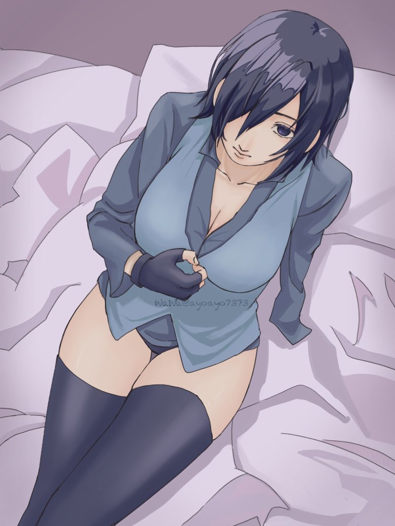 1girls, ayoayo7373, bare thighs, bbw, bed sheet, bedding, bedsheets, big breasts, black eyes, black gloves, black hair, black legwear, black thighhighs, bob cut, boruto: naruto next generations, breasts, busty, cleavage, clothed, clothing, female, female focus, female only, fingerless gloves, fully clothed, gender transformation, genderswap, genderswap (mtf), gloves, hair over one eye, hi res, high resolution, highres, imminent sex, inner sideboob, jacket, large breasts, legs together, legwear, looking at viewer, looking up, mature, mature female, messy hair, milf, naruto, naruto (series), on bed, panties, pillow, rule 63, sasuke uchiha, sasuko, shirt, shonen jump, shoulder length hair, shounen jump, shueisha, sitting, sitting on bed, solo, solo female, solo focus, thick thighs, thighs, transformation, uchiha sasuke, underwear, undressing, very high resolution, waistcoat, weekly shonen jump, weekly shounen jump