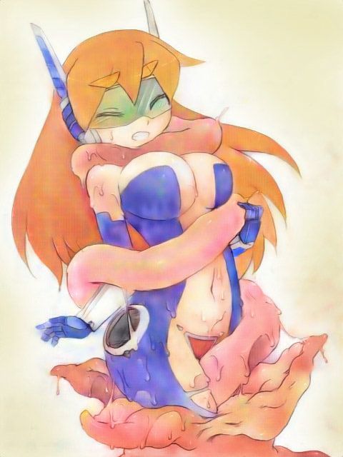 android, blush, breasts, camel (dansen), closed eyes, clothed, echidna wars dx, female, female prey, large breasts, long hair, milia wars, orange hair, sweat, tagme, tentacle, tgo-07, vore