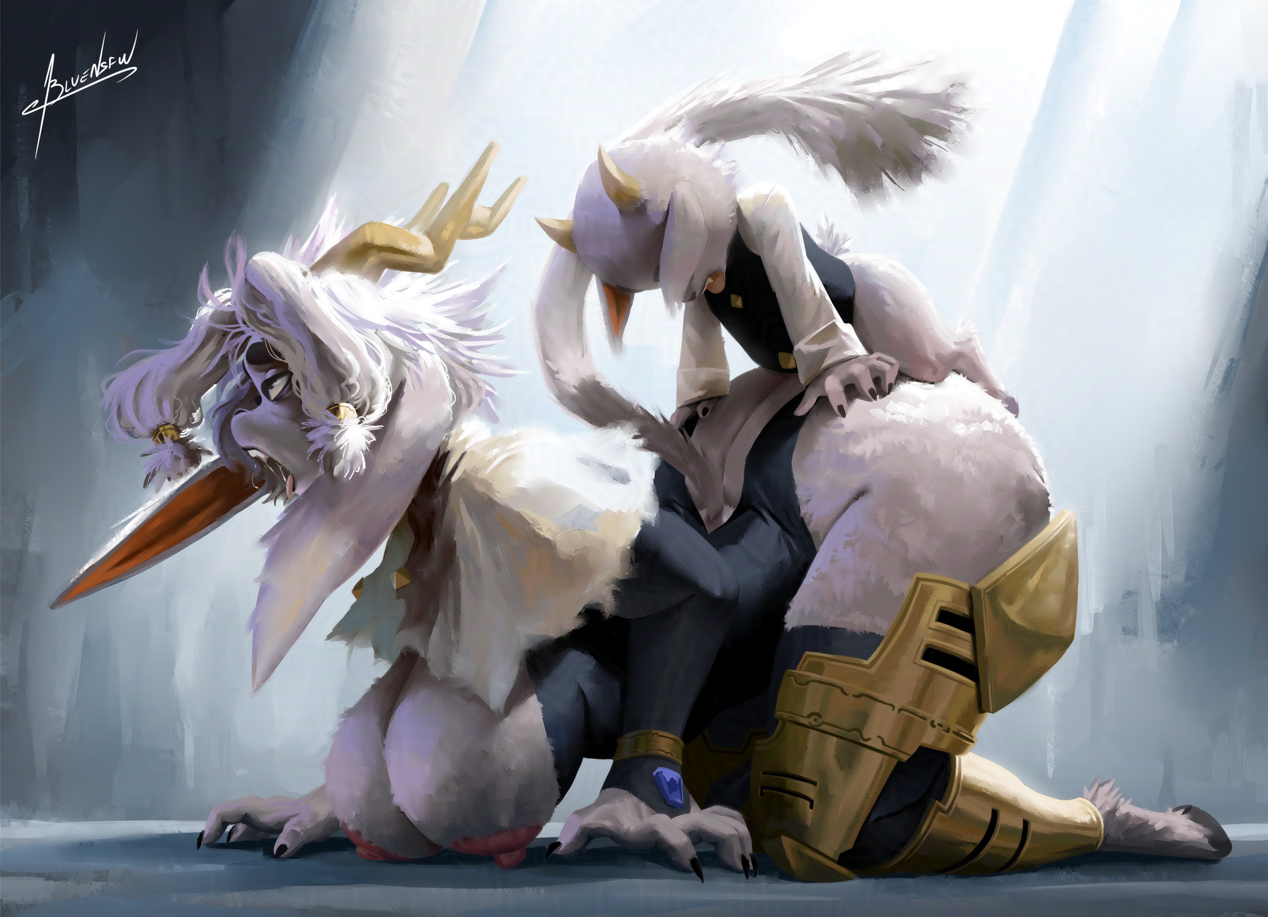 ahe gao, anthro, blulesnsfw, breasts, butler (pseudoregalia), doggy style, exposed breasts, female, horn, horns, leg armor, pseudoregalia, sybil (pseudoregalia)