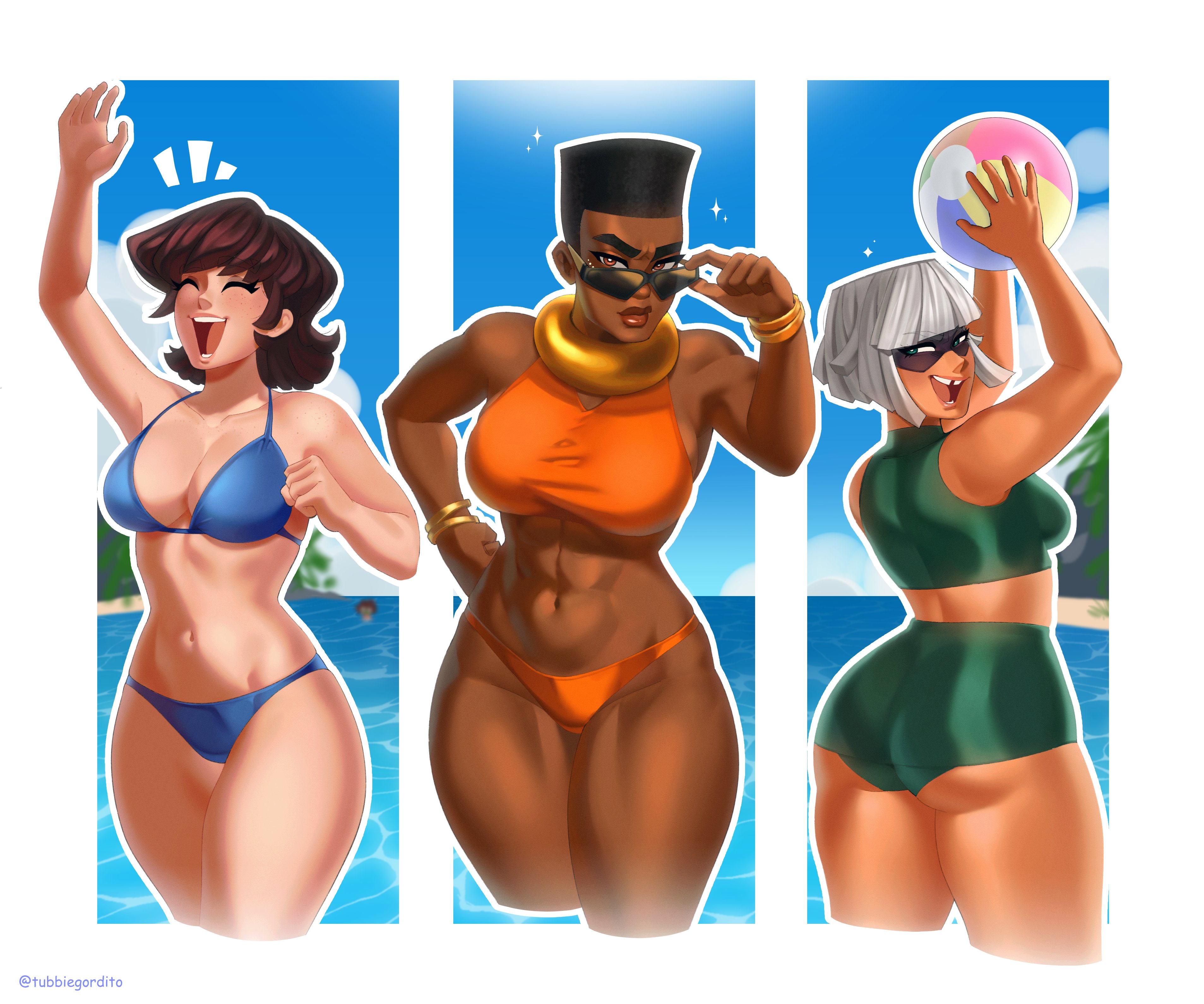 3girls, bandit (clash royale), beach, beach ball, bikini, blue princess (clash royale), brown skin, clash (series), clash royale, dark skin, female, female only, light skin, muscular, muscular female, princess (clash royale), ram rider (clash royale), supercell, swimsuit, tubbiegordito