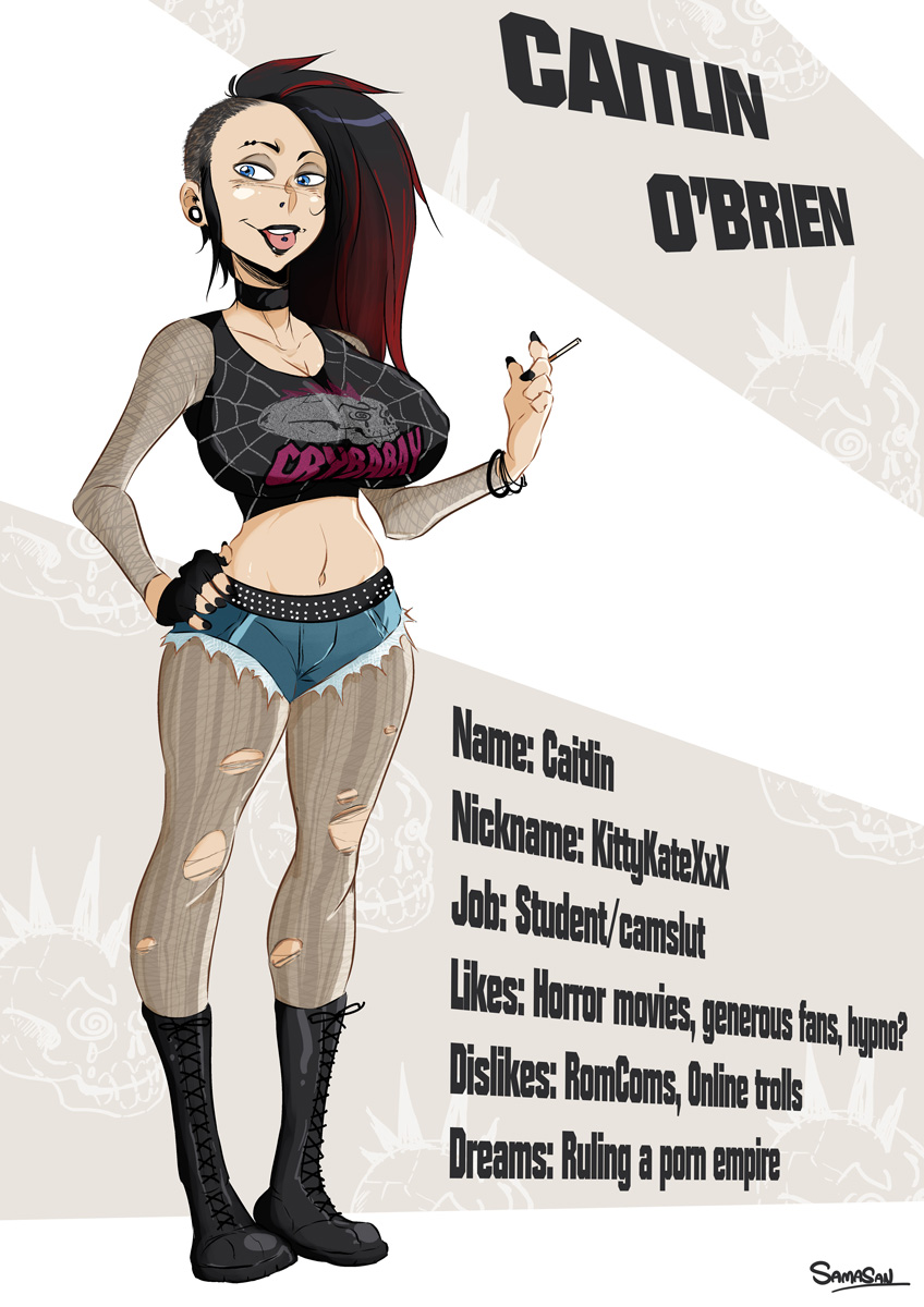 1girls black_hair black_lipstick blue_eyes boots breasts caitlin_o'brien character_profile choker cigarette cleavage denim_shorts female gardnerverse gauged_ear huge_breasts piercing piercings punk red_hair samasan shorts solo tongue_out tongue_piercing torn_pantyhose undercut