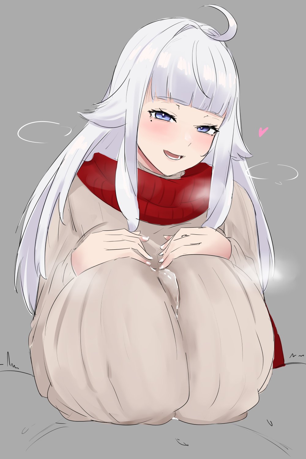 1boy, 1girls, blue eyes, blush, clothed female nude male, cum, cum through clothes, ember amane, ember amane (jersey maid), eyebrows visible through hair, female, grey hair, heart, huge breasts, light skin, light-skinned female, looking at viewer, male, male pov, male silhouette, nao (ritsancrossover), nipple bulge, paizuri, paizuri lead by female, paizuri under clothes, phase connect, phase invaders, pov, scarf, silhouette, sweater, virtual youtuber