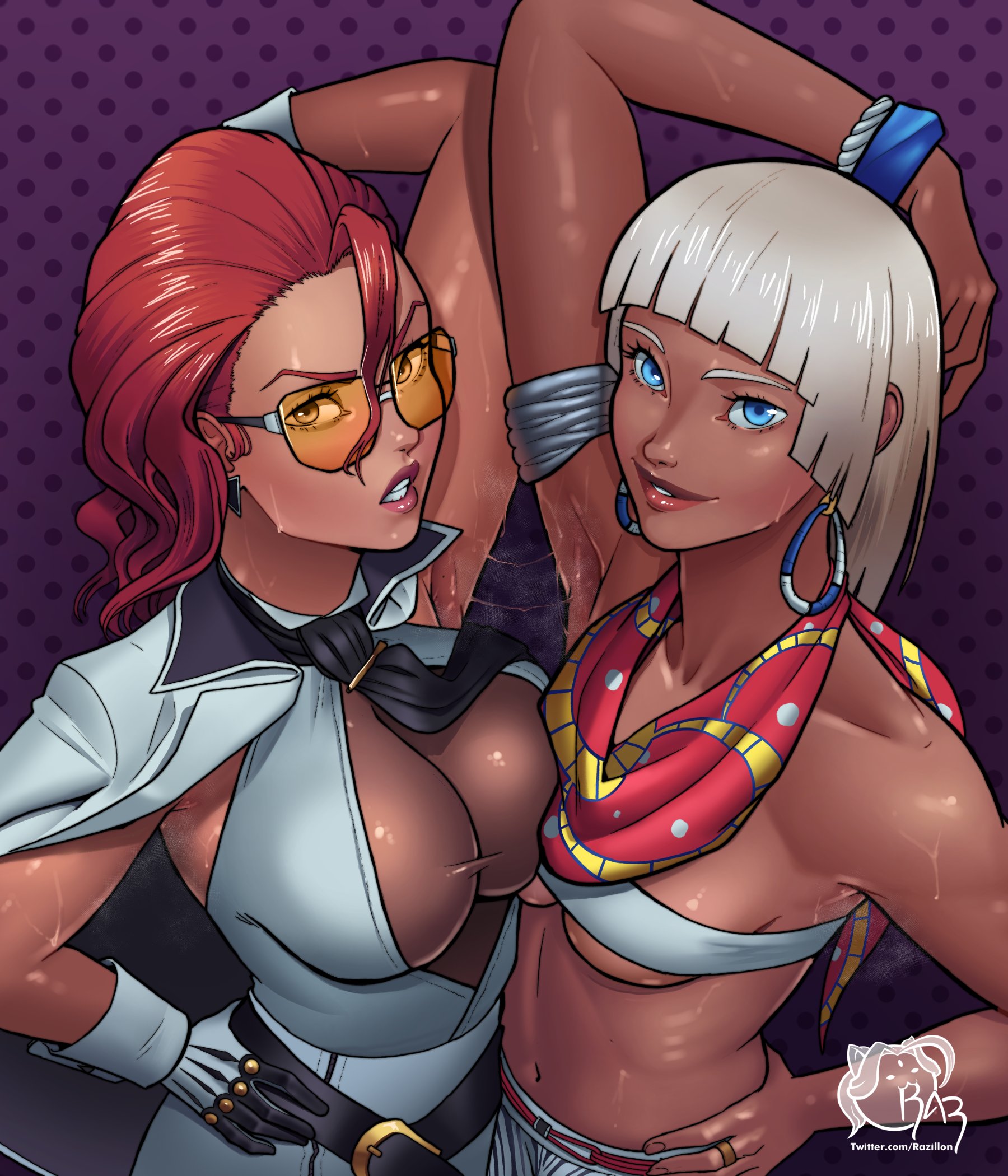 2girls, african, african female, agent, alternate breast size, arm behind head, armpit fetish, armpits, artist logo, big breasts, blue eyes, breast contest, breast size difference, breasts, capcom, caucasian, caucasian female, crimson viper, dark skin, dark-skinned female, elena (street fighter), fat breasts, female, female only, fit, fit female, flat breasts, glasses, hand on hip, hi res, large breasts, long hair, looking at viewer, medium breasts, milf, razillon, red hair, researcher, smiling, smiling at viewer, street fighter, street fighter 6, sunglasses, sweaty armpits, tan skin, tan-skinned female, tanned female, tanned skin, tanned skinned female, tinted eyewear, tomboy, tomboy milf, tomboyish, toned, toned female, white hair