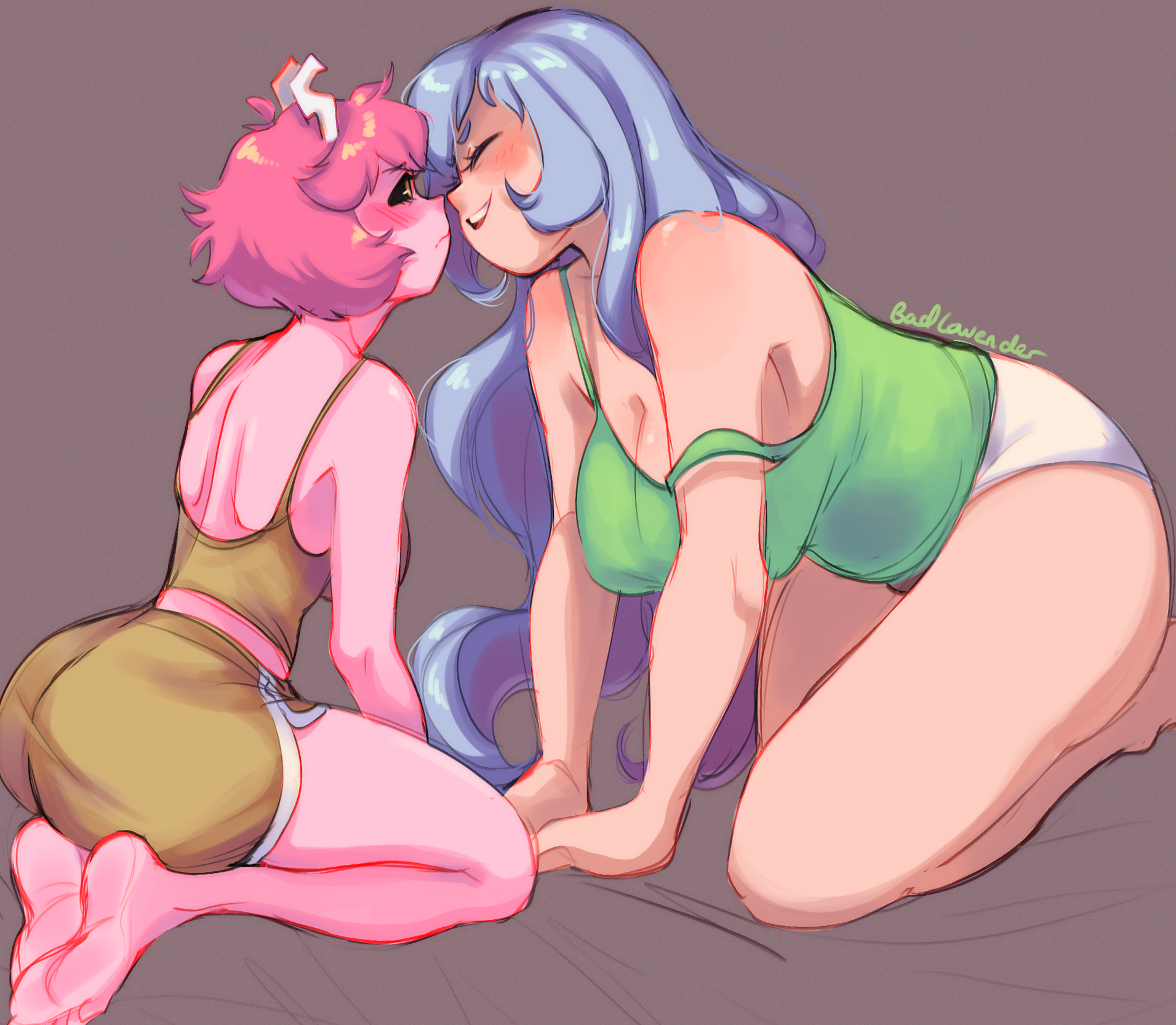 2girls, angry face, badlavender, blue hair, blue-haired female, female, girls kissing, imminent kiss, mina ashido, my hero academia, nejire hado, pink hair, pink-haired female, safe, sfw, tagme, yuri