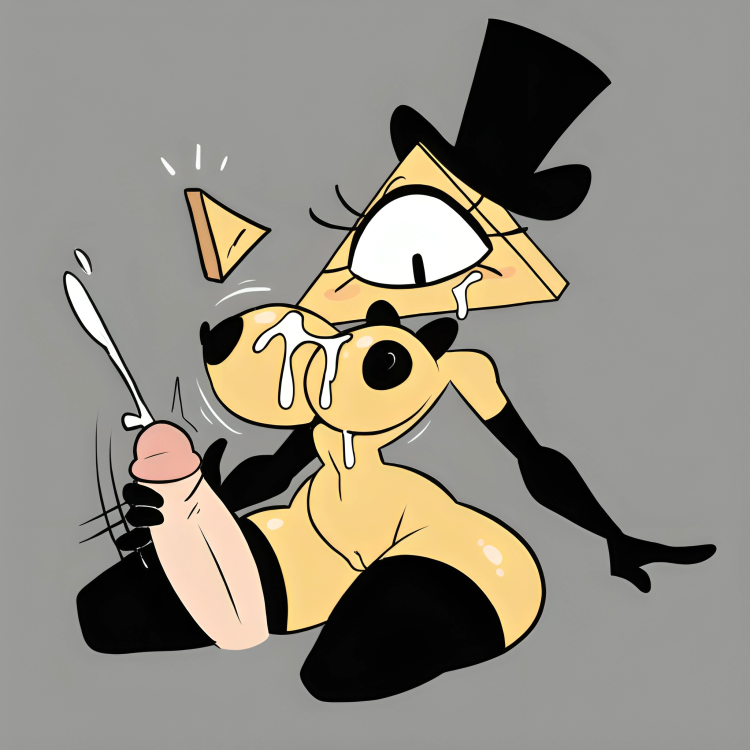 1 eye, 4 fingers, ai generated, big breasts, bill cipher, black elbow gloves, black nipples, black thighhighs, black tophat, blush, breasts, cum, cum on breasts, cum on face, cum shot, curvy, cyclops, elbow gloves, eyelashes, female, floating head, gravity falls, handjob, humanoid, jerkingoff another, motion lines, naked, nude, pixai, rule 63, shape head, slim waist, thick thighs, thighhighs, tophat, triangle head, yellow skin