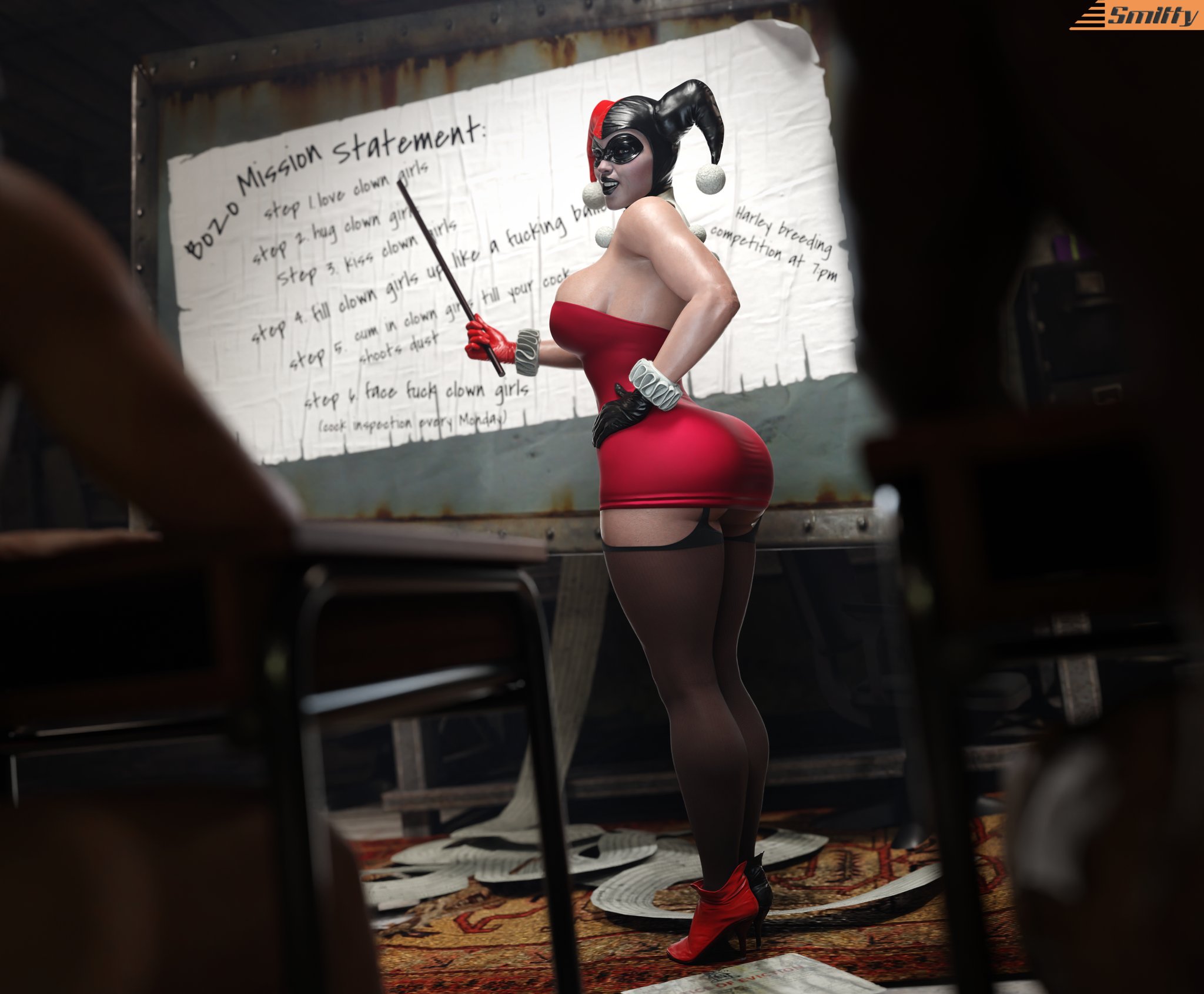 1girls, 2boys, 3d, batman (series), big ass, big breasts, big thighs, breasts, clown, clown girl, curvaceous, curvy, curvy figure, dc, dc comics, female, footwear, full color, fully clothed, harley quinn, harley quinn (classic), harley quinn (injustice), hips, hourglass figure, huge ass, huge breasts, huge thighs, injustice 2, jester, jester cap, jester girl, jester hat, large ass, large breasts, large thighs, legs, light skin, light-skinned female, male, mature, mature female, no penetration, slim waist, smitty34, text, thick, thick hips, thick legs, thick thighs, thighs, voluptuous, waist, wide hips