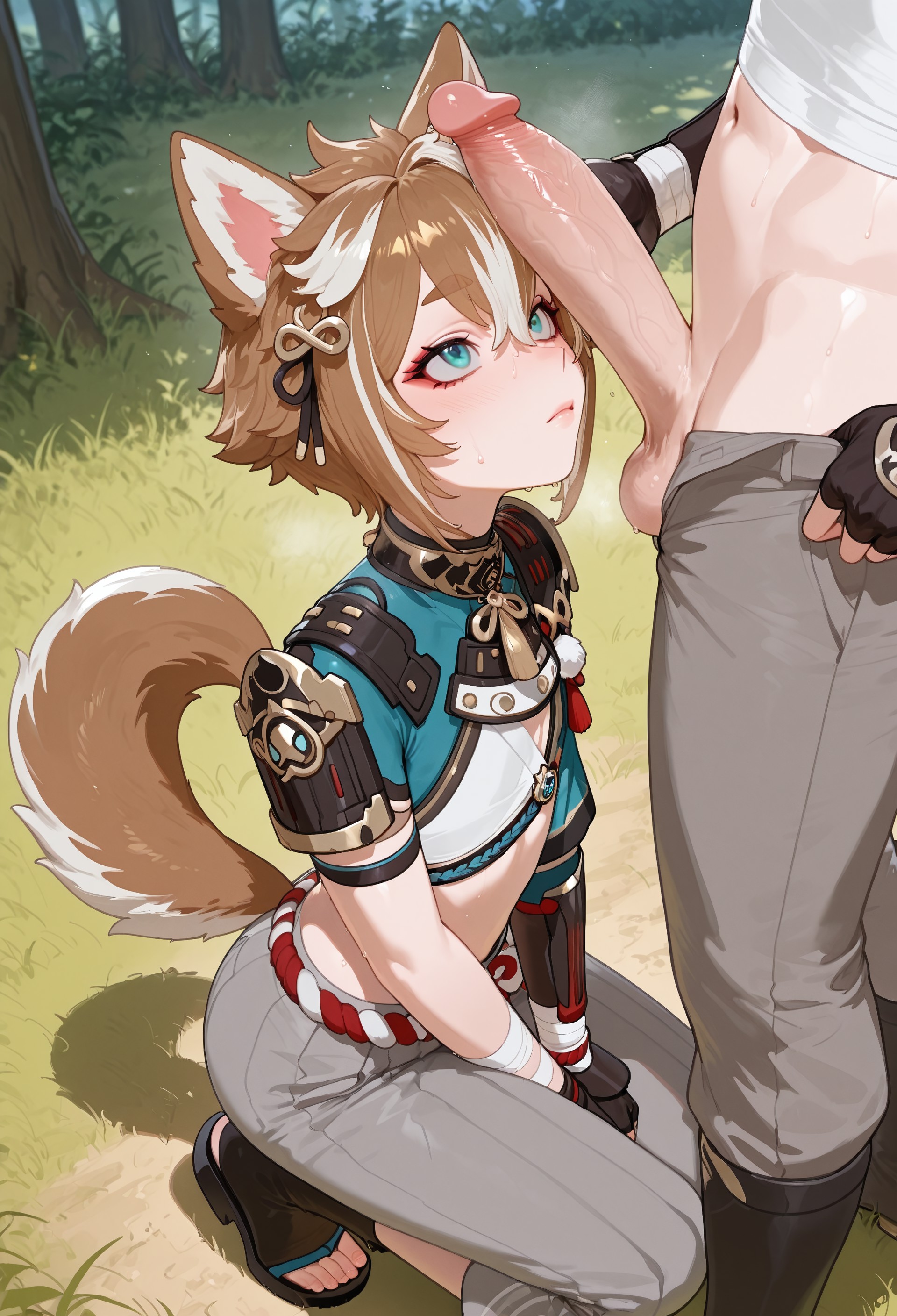2boys, 5bxb, ai generated, animal ears, balls, big penis, brown hair, closed mouth, clothed, clothing, femboy, gay, genshin impact, gorou (genshin impact), hair, imminent oral, imminent sex, light skin, light-skinned male, looking at partner, looking up, male, male only, penis, penis out, tail