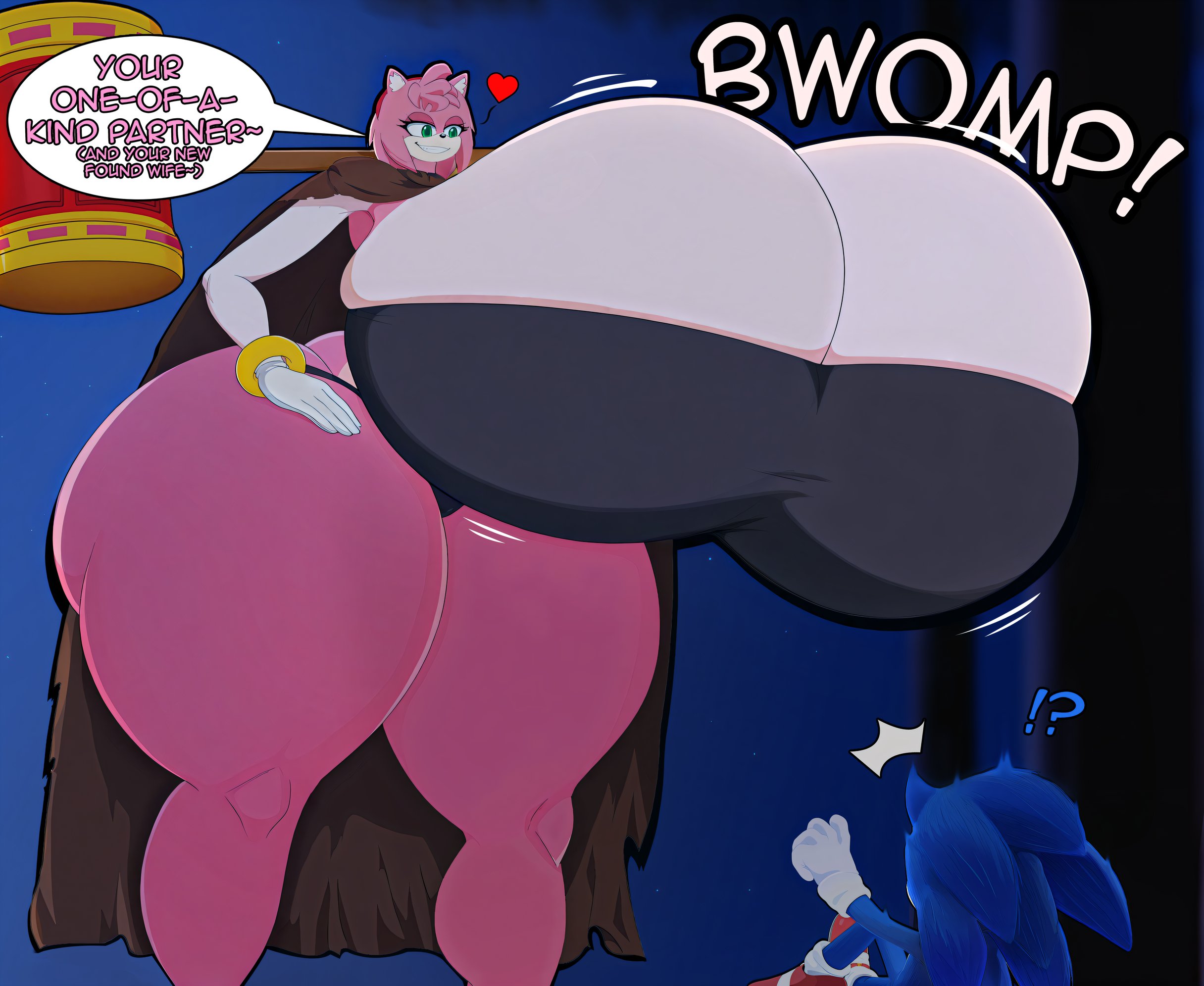 amy rose, breasts, cloak, clothes lift, female, fruitybootydx, giantess, hammer, hyper ass, hyper breasts, hyper thighs, larger female, male, size difference, smaller male, sonic (series), sonic the hedgehog, surprised