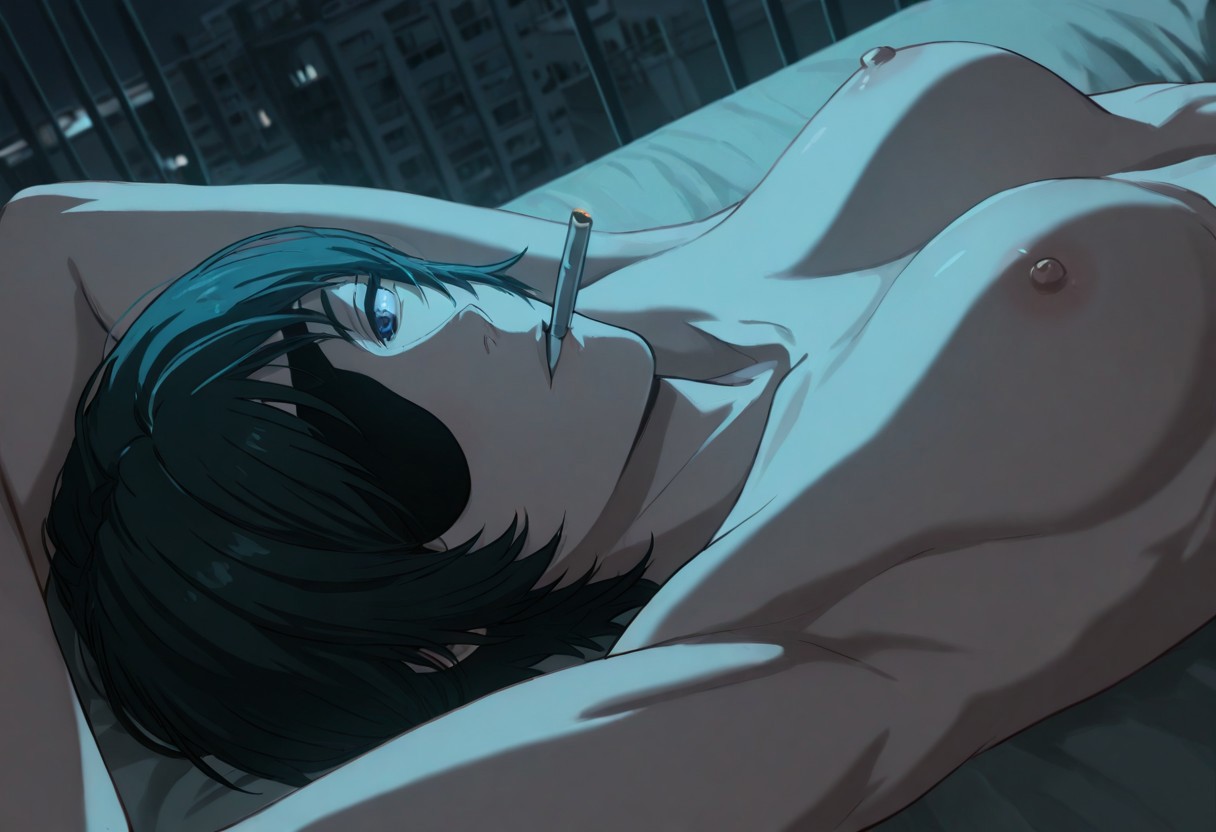 ai generated, areola, areolae, armpits, arms up, big breasts, black hair, black-haired female, breasts, chainsaw man, cigarette, close-up, dark hair, eyepatch, female, female focus, female only, himeno (chainsaw man), hot, large breasts, laying down, laying on back, laying on bed, light skin, light-skinned female, model pose, naked female, nipples, nordinex5, nude female, pale skin, pale-skinned female, seductive, seductive body, seductive eyes, seductive look, seductive pose, sexy, sexy pose, shiny skin, short hair, solo female, solo focus, stable diffusion, upper body