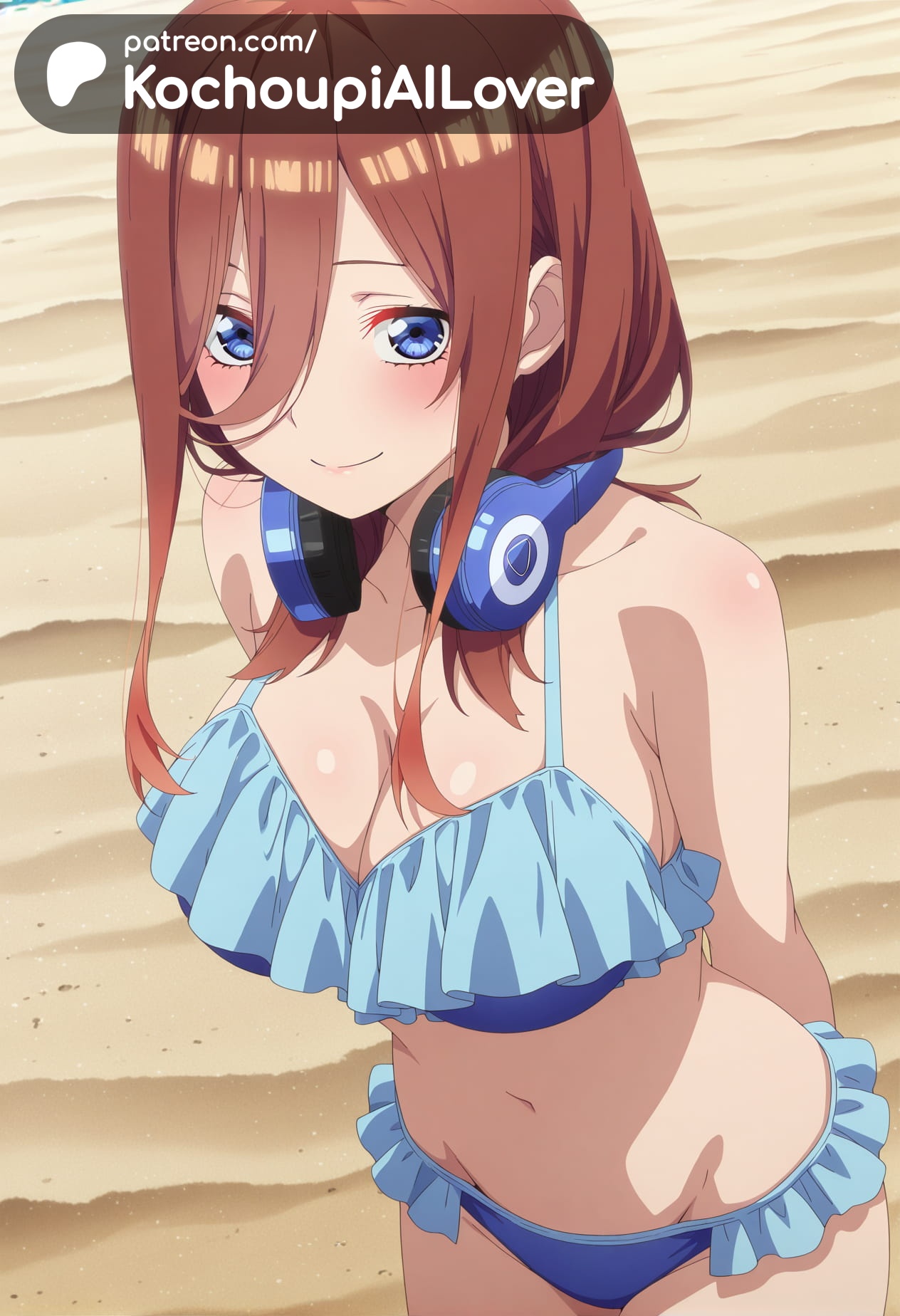 1girls, ai generated, beach, big breasts, bikini, blue eyes, blue swimsuit, blush, breasts, female, frilled bikini, go-toubun no hanayome, headphones, kochoupiailover, looking at viewer, nakano miku, outdoors, outside, red hair, smile, solo, swimsuit, watermark