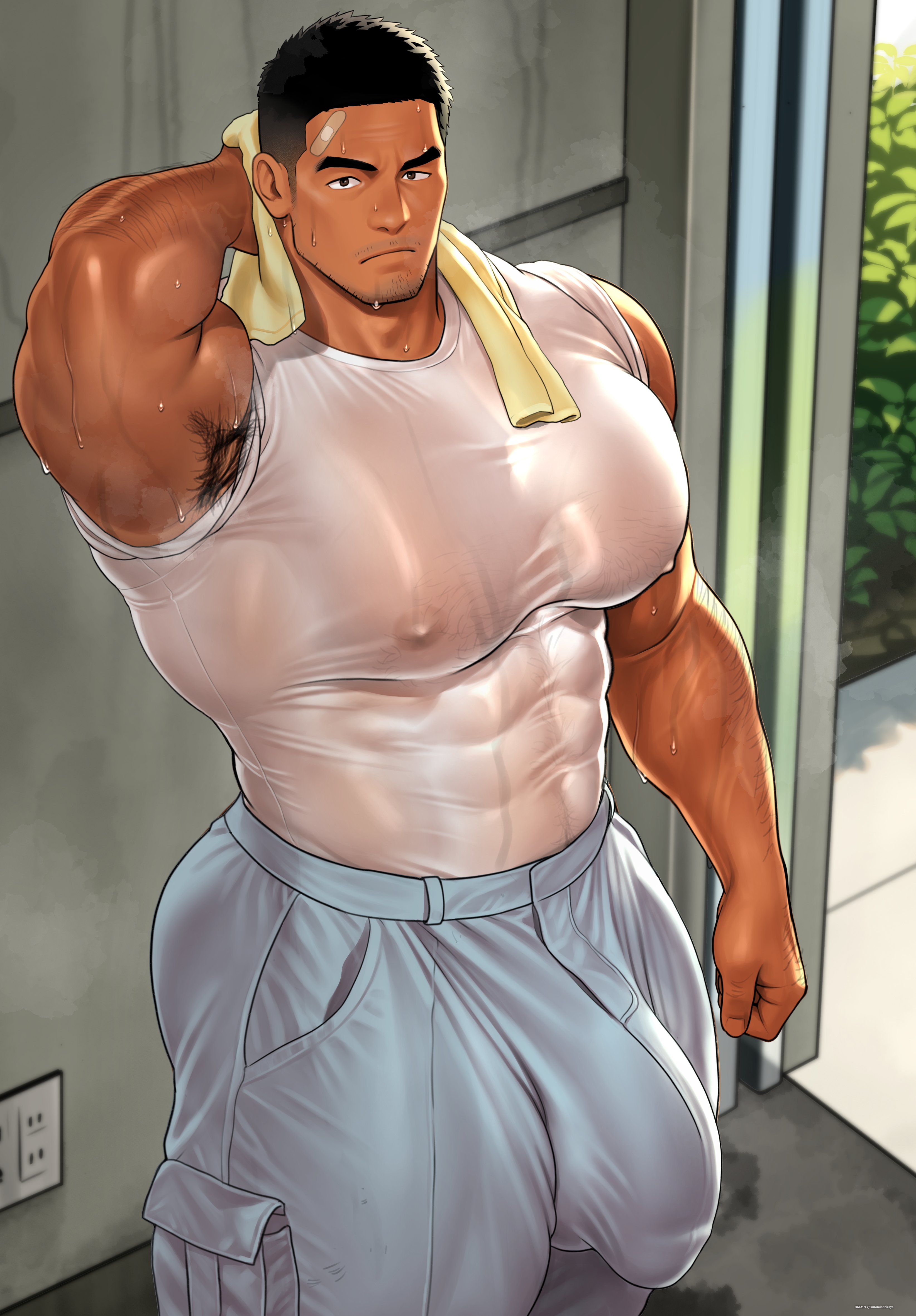 1boy, 2025, abs, armpit, armpit hair, armpits, balls, bara, biceps, big muscles, big pecs, big penis, black hair, bodybuilder, bulge, dilf, flaccid, highres, huge balls, huge bulge, huge cock, kuromine hiraya, male, male only, muscles, muscular, muscular male, muscular thighs, musk, pecs, penis, penis down, see-through clothing, solo, solo male, sweat, sweating, tan skin, thick thighs, tight clothing, tight pants, veiny muscles, yaoi, yuatari