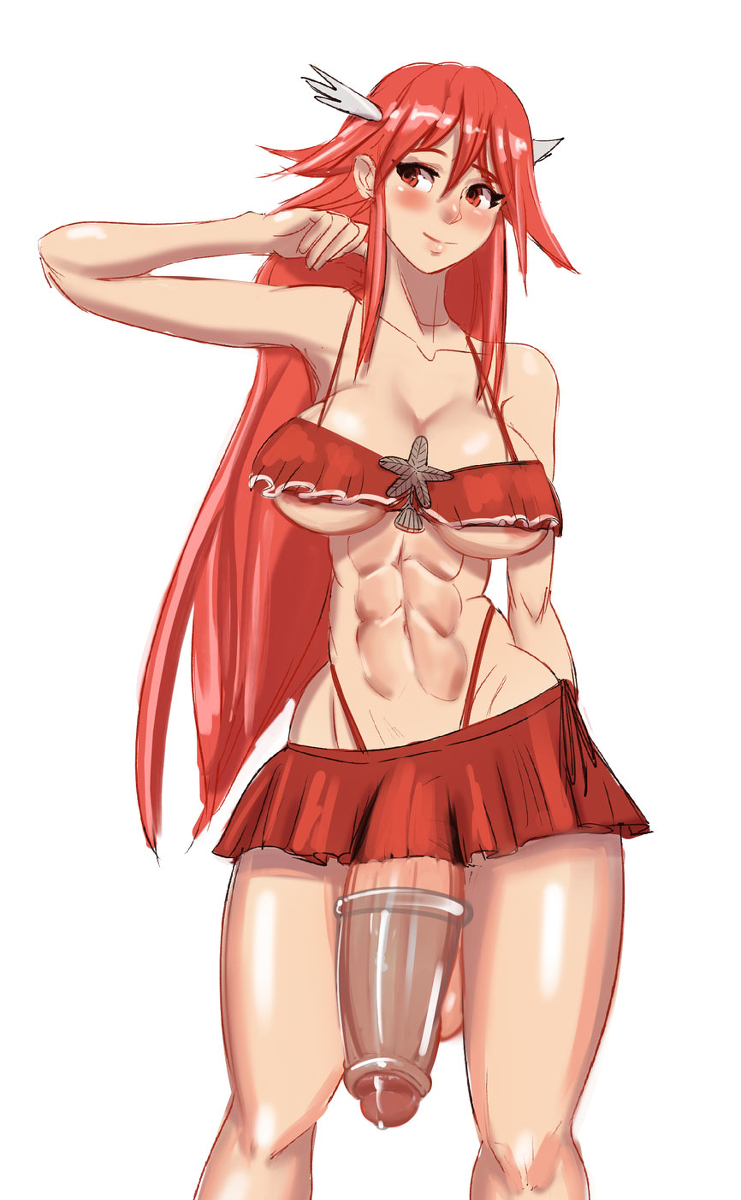 1futa, abs, bikini, blush, cordelia (fire emblem), fire emblem, fire emblem awakening, fire emblem heroes, futa only, futanari, hair accessory, huge cock, intersex, long hair, muscular, muscular futa, onahole, penis, red hair, streachybear, swimsuit