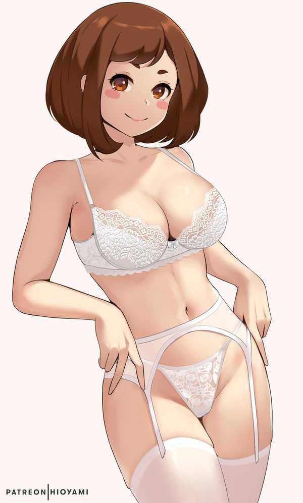 1girls, before sex, female, hioyami, lingerie, my hero academia, ochako uraraka, smile, solo, underwear