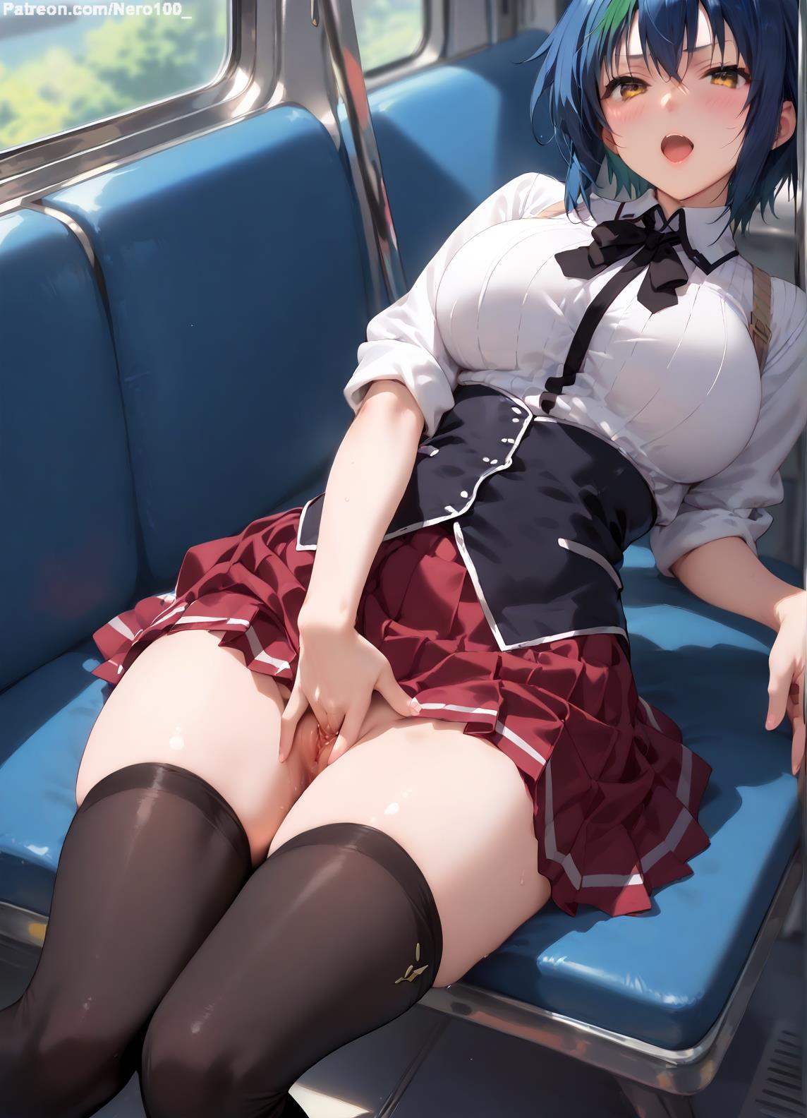 1girls, 2d, ai generated, ass, athletic, athletic female, bare shoulders, belly, big breasts, blue hair, breasts, chest, curvy, curvy figure, cute, cute face, detailed, eyelashes, eyeshadow, female, female only, fingering, fit, fit female, focus, green eyes, high quality, high school dxd, huge breasts, legs, light skin, light-skinned female, lips, lipstick, looking at viewer, makeup, mascara, masturbation, medium hair, midriff, navel, pale skin, pale-skinned female, posing, public, public masturbation, pussy, sagging breasts, seductive, seductive look, short hair, solo, spiky hair, stable diffusion, tagme, thighs, thin thighs, thin waist, train, vagina, xenovia quarta, yellow eyes
