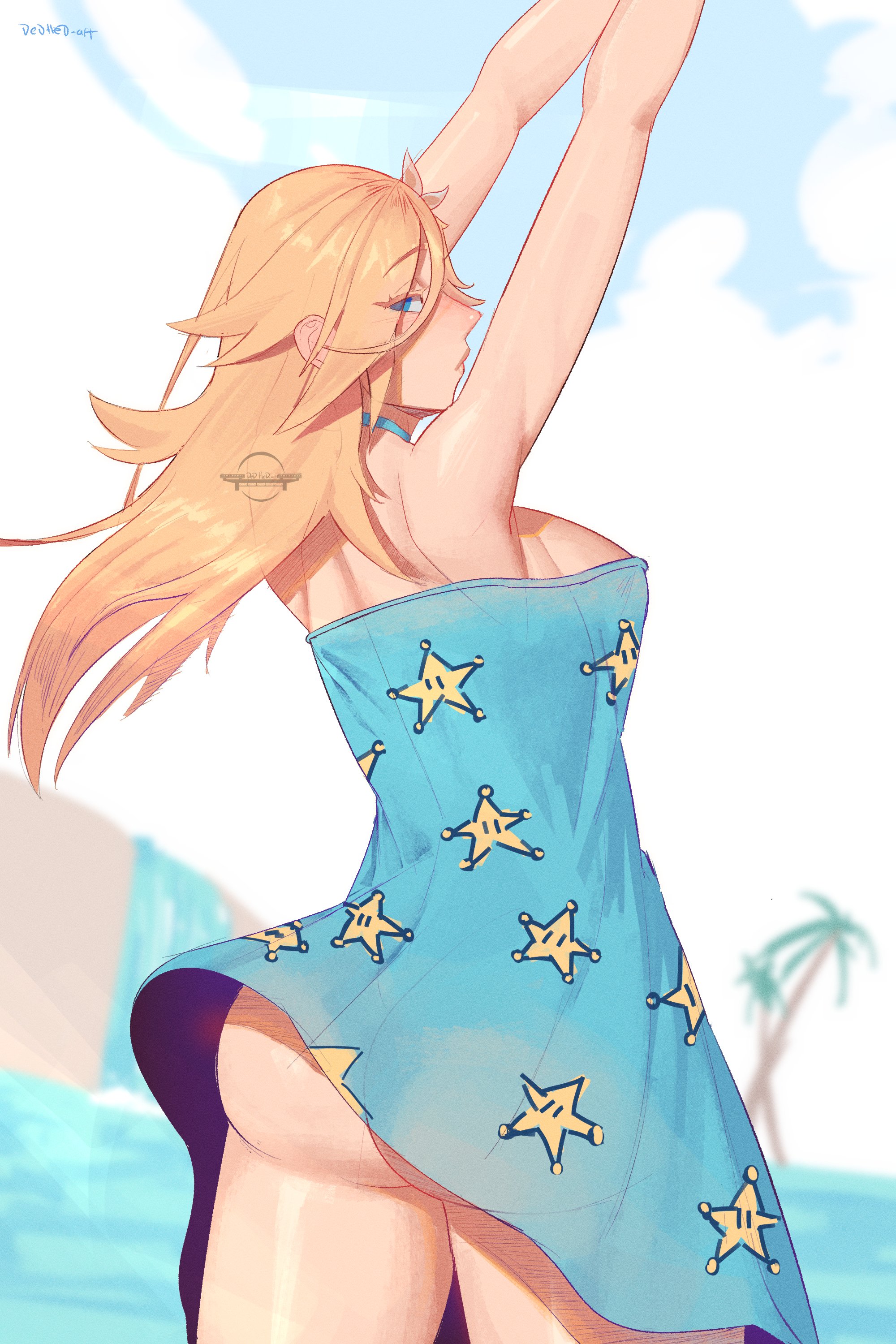 1girls, ass, ass cheeks, beach, butt cheeks, clothed, dedhed art, dress lift, female, huge ass, looking at viewer, looking back, mario (series), nintendo, princess rosalina, solo, super mario bros.