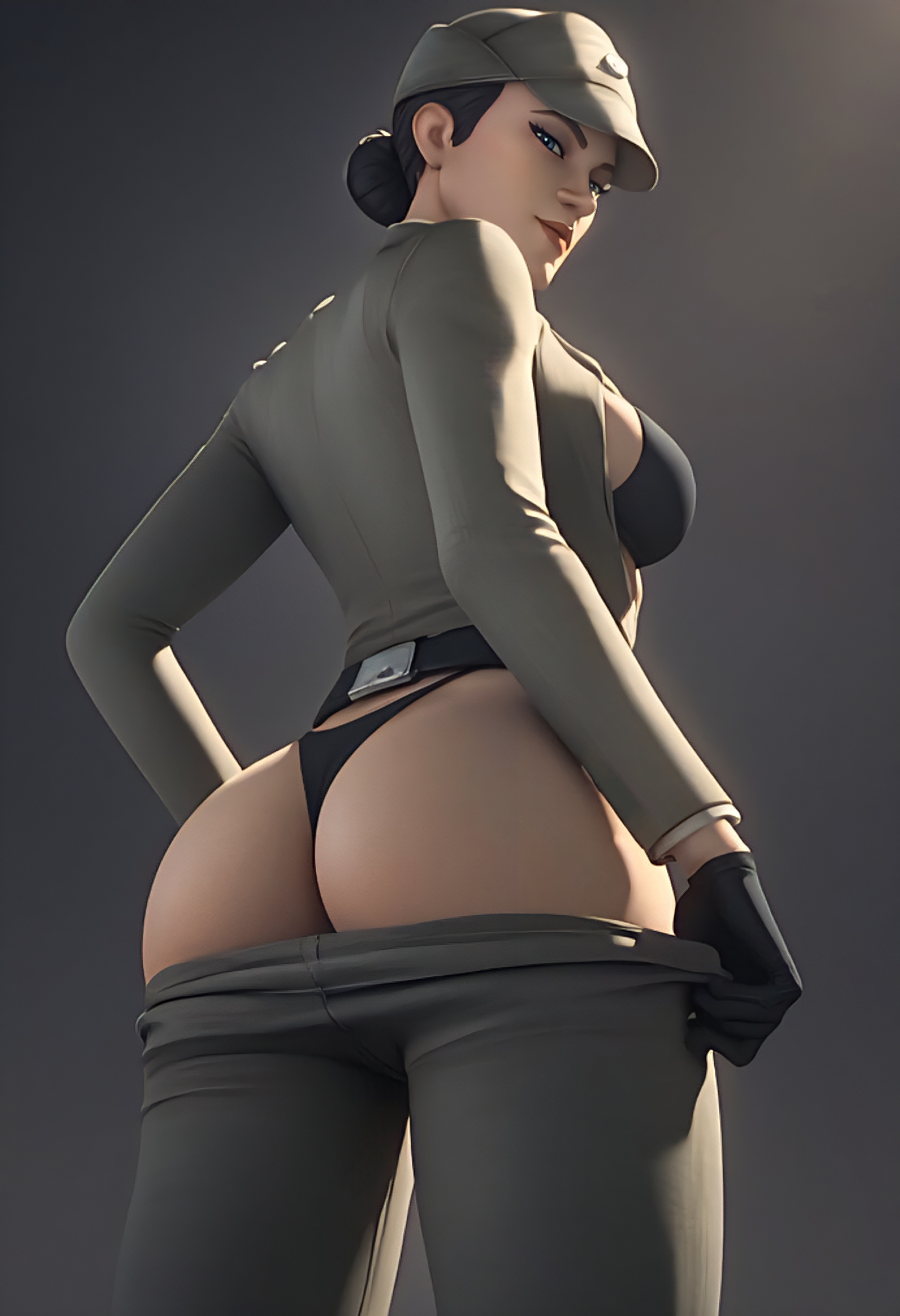 1female, 1girl, 1girls, ai generated, ass, belt, black bra, black gloves, black panties, black thong, butt, captain bragg, dat ass, dat butt, disney, duchess eugene, female, female only, imperial officer (star wars), looking at viewer, looking back, looking over shoulder, military cap, military hat, military uniform, open clothes, panties, pulling down pants, solo, solo female, star wars, star wars: the bad batch, tagme, thong, upscaled