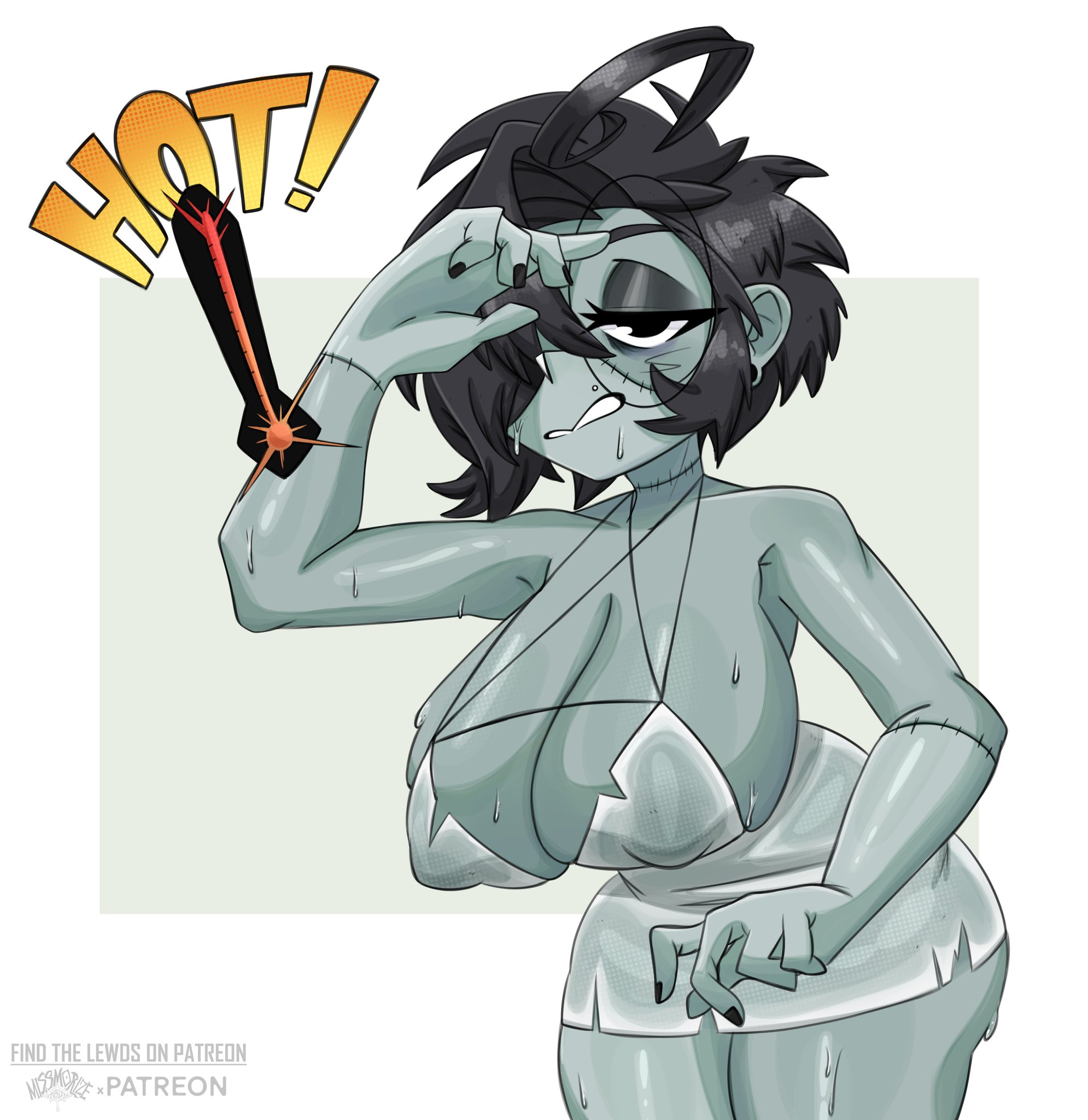 big ass, big breasts, big butt, big thighs, big titties, black hair, breasts, clothing, curvaceous, curvaceous female, curvaceous figure, curvy, curvy figure, curvy hips, dress, female, female focus, female only, glasses, grey skin, missmorize, original, original character, short hair, zombie, zombie girl