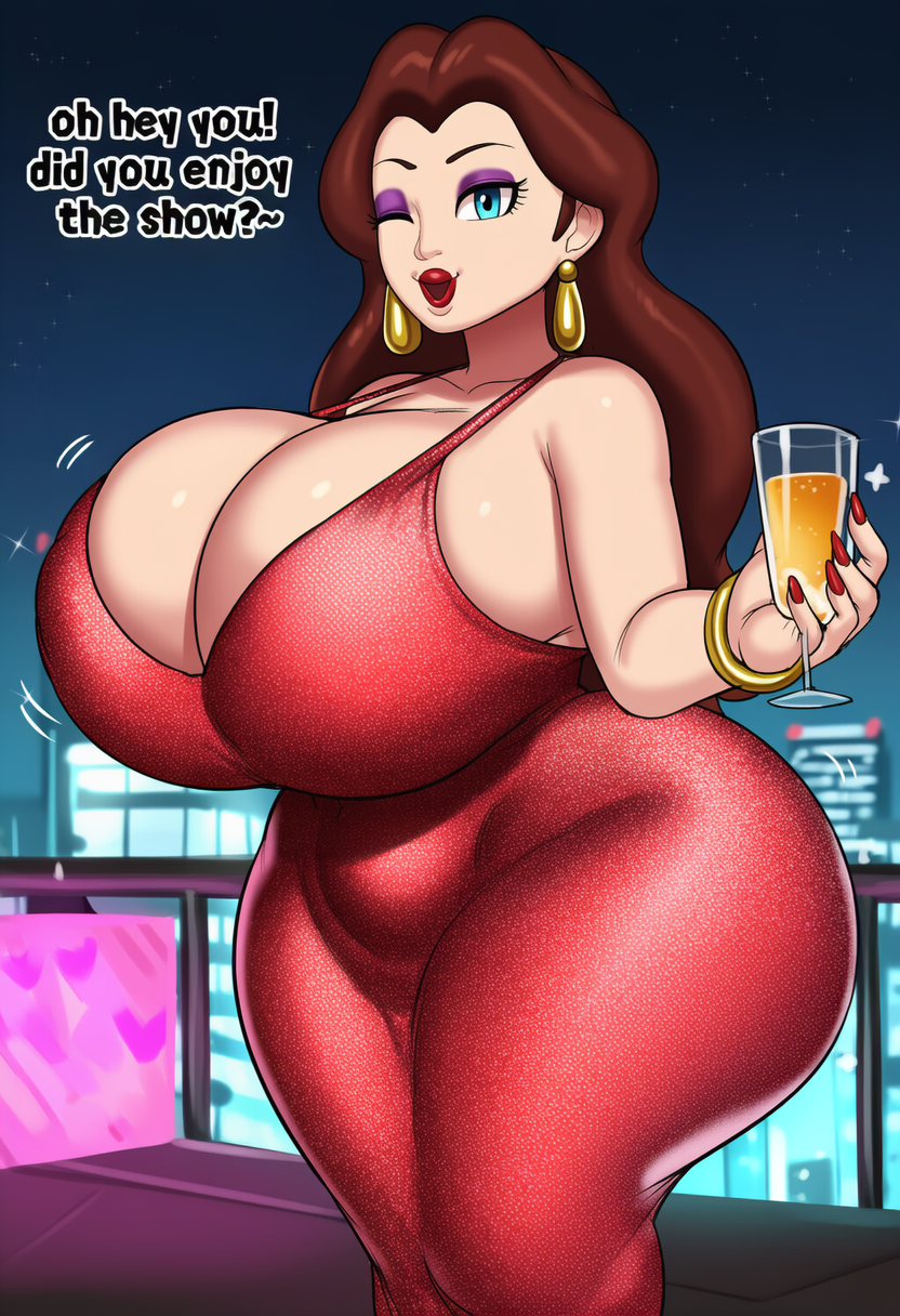 ai generated, ass, booty, breasts, city, club, dress, drink, female, gigantic ass, gigantic breasts, hips, huge ass, huge breasts, lipstick, lubbasdump, mario (series), massive ass, massive breasts, nintendo, pauline, rooftop, super mario bros., wide hips