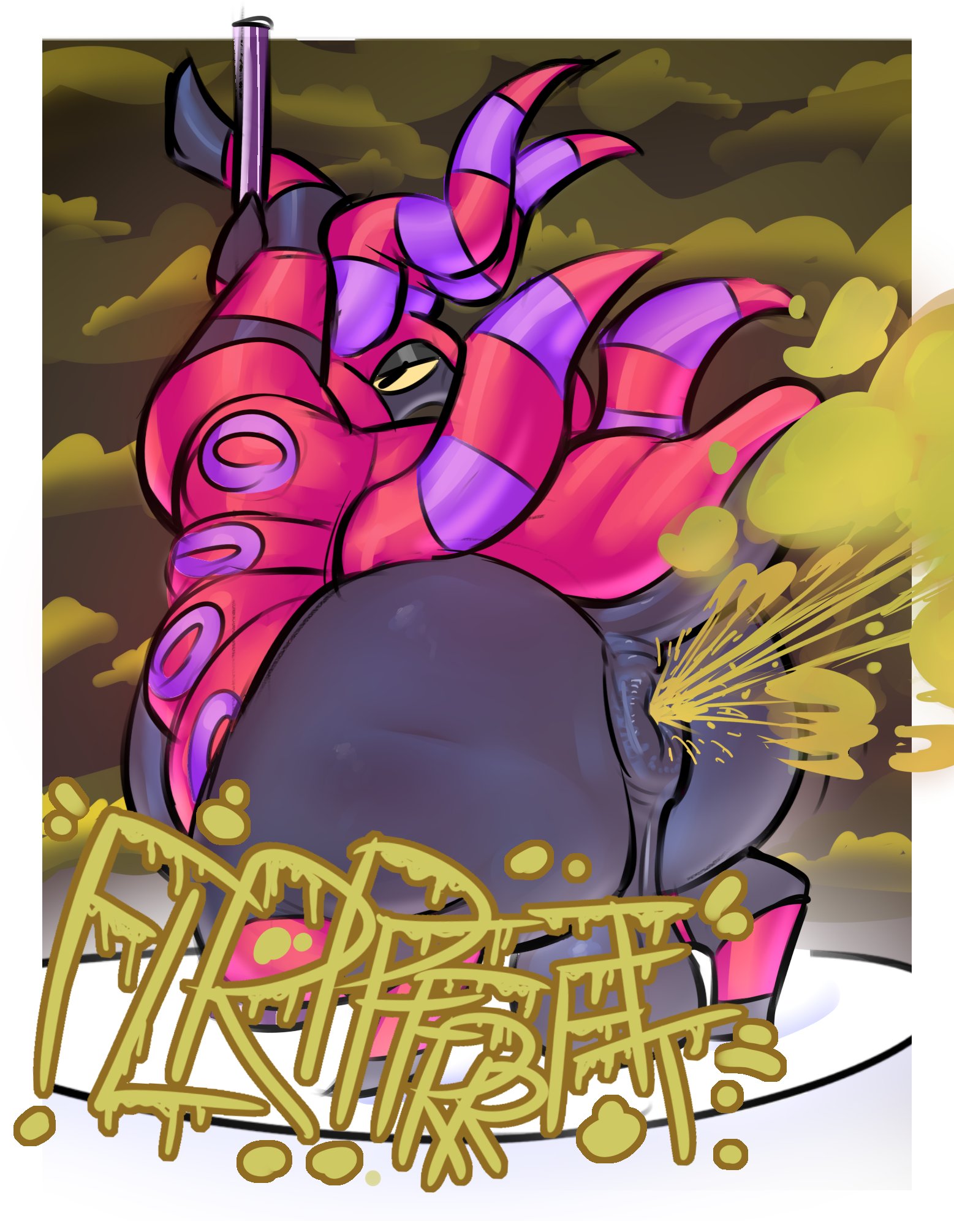 1boy, 2d, 2d artwork, anus, ass, background, backsack, balls, ballsack, bedroom eyes, bending over, big ass, big balls, big butt, bug, fart, fart cloud, fart fetish, farting, fat ass, fat butt, furry, furry only, horns, iamapoliceman, insects, looking at viewer, looking back, looking over shoulder, male, male fart, nintendo, no sex, nonhuman, onomatopoeia, pokemon, pokemon (species), pokemon black & white, scolipede, solo, solo male, standing, stinky, stripper pole, tail, yellow fart, yellow fart cloud