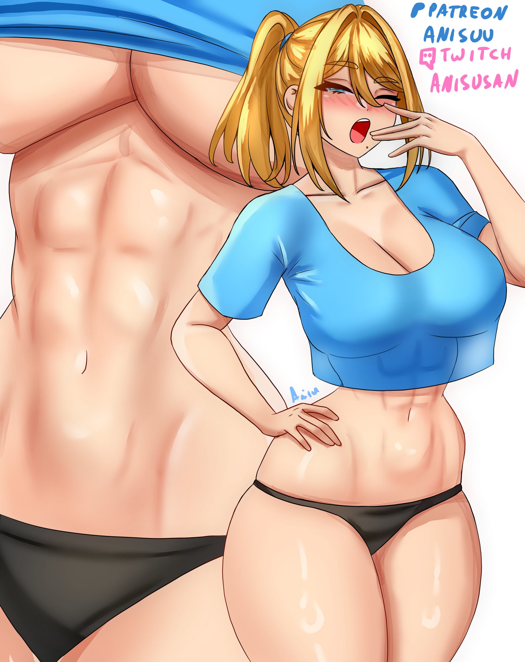 1girls, abs, anisdrawn, breasts, cleavage, female, female focus, female only, hi res, large breasts, light skin, light-skinned female, looking at viewer, metroid, muscular, muscular female, nintendo, ponytail, samus aran, solo, thick thighs, thighs, white background, wide hips